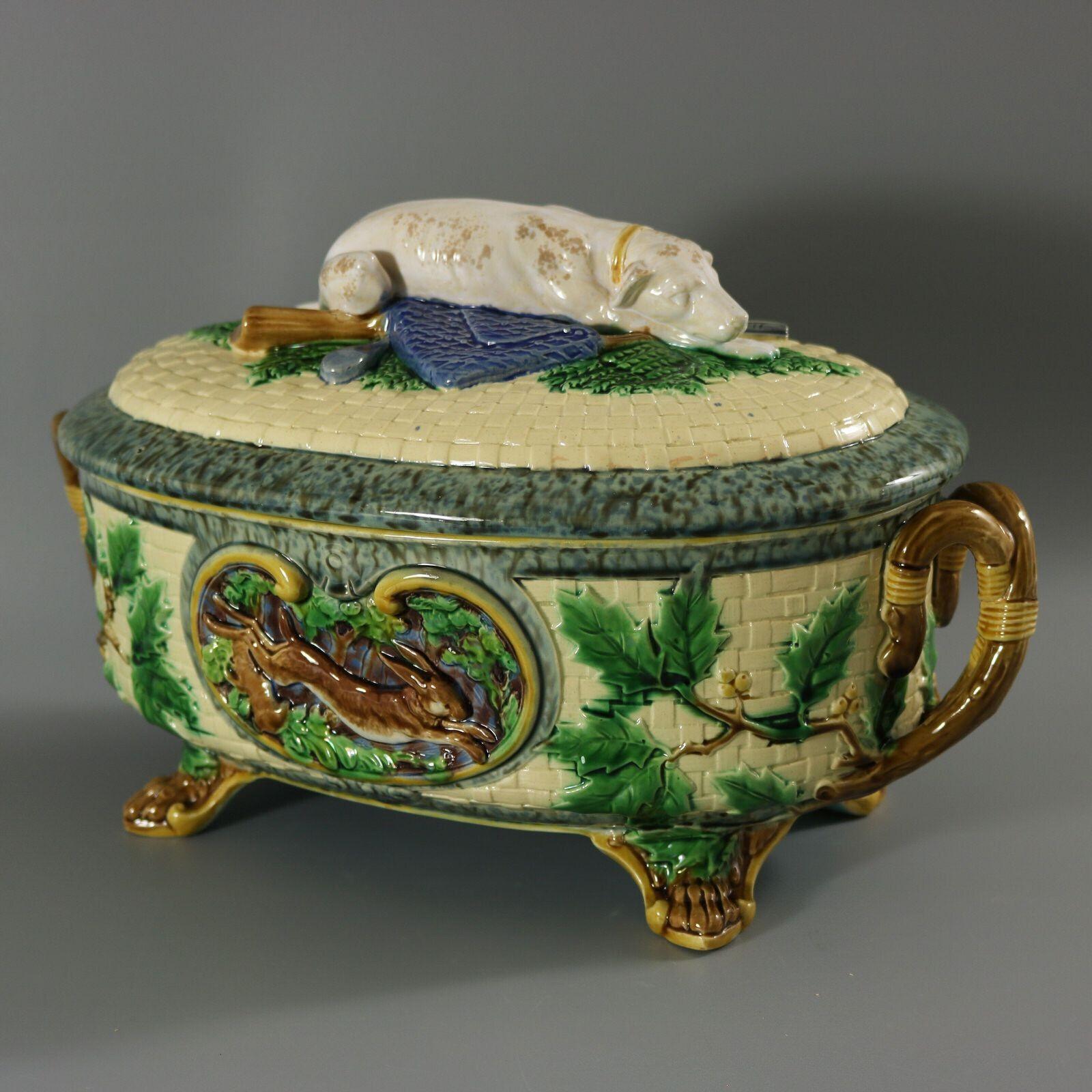 Victorian Minton Majolica Game Pie Dish with Gun Dog For Sale