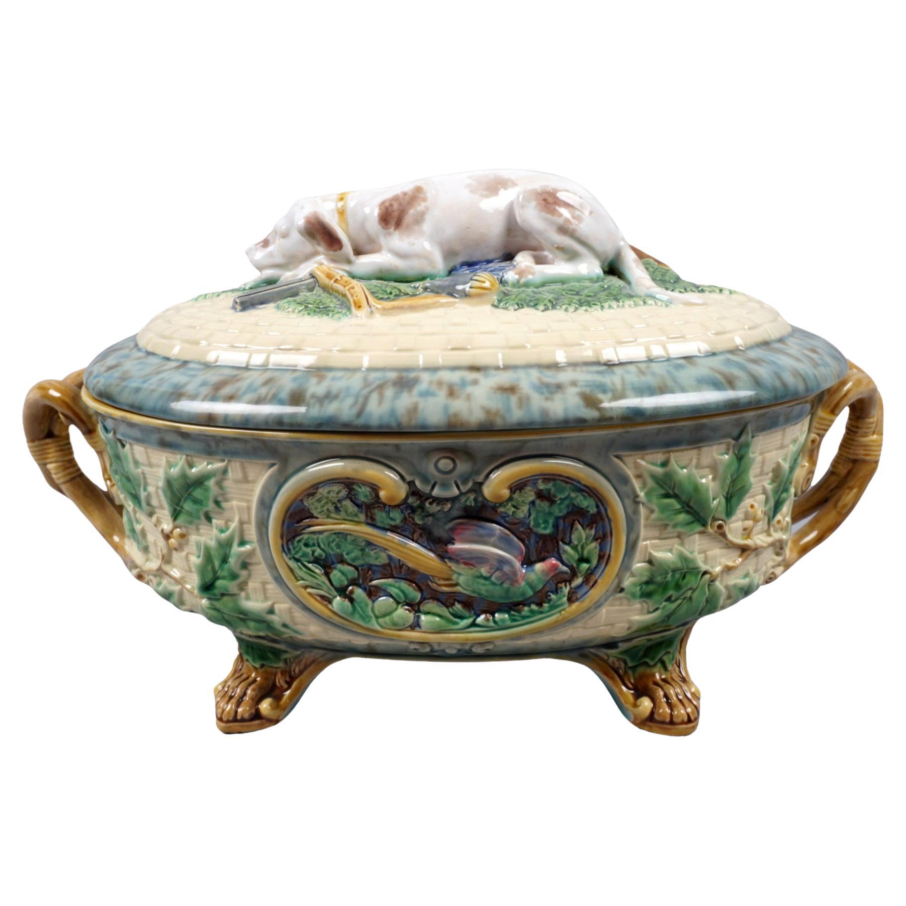 Minton majolica game pie tureen with hunting dog, late 19th Century For Sale