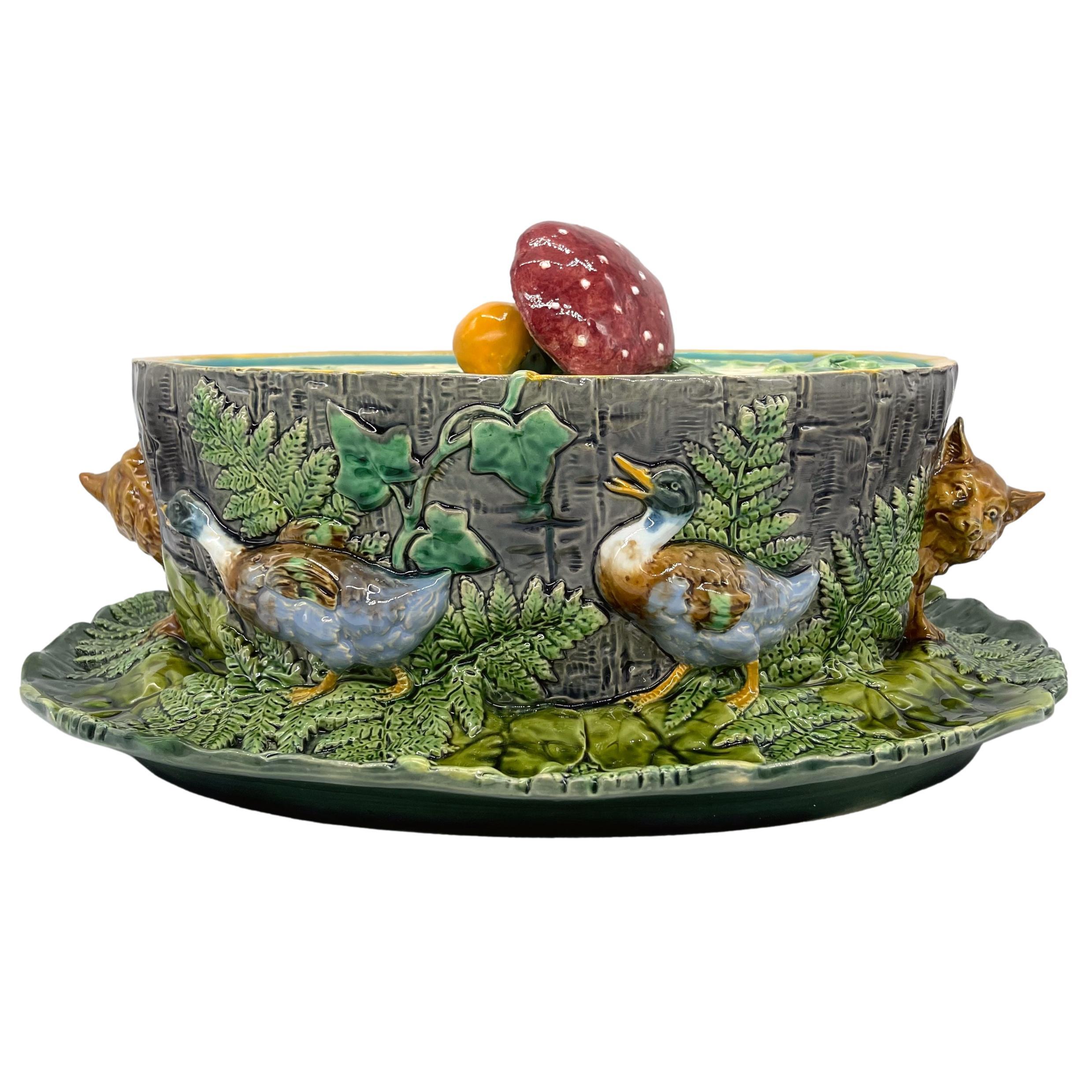 English Minton Majolica Game Tureen with Foxes and Ducks, Dated 1874