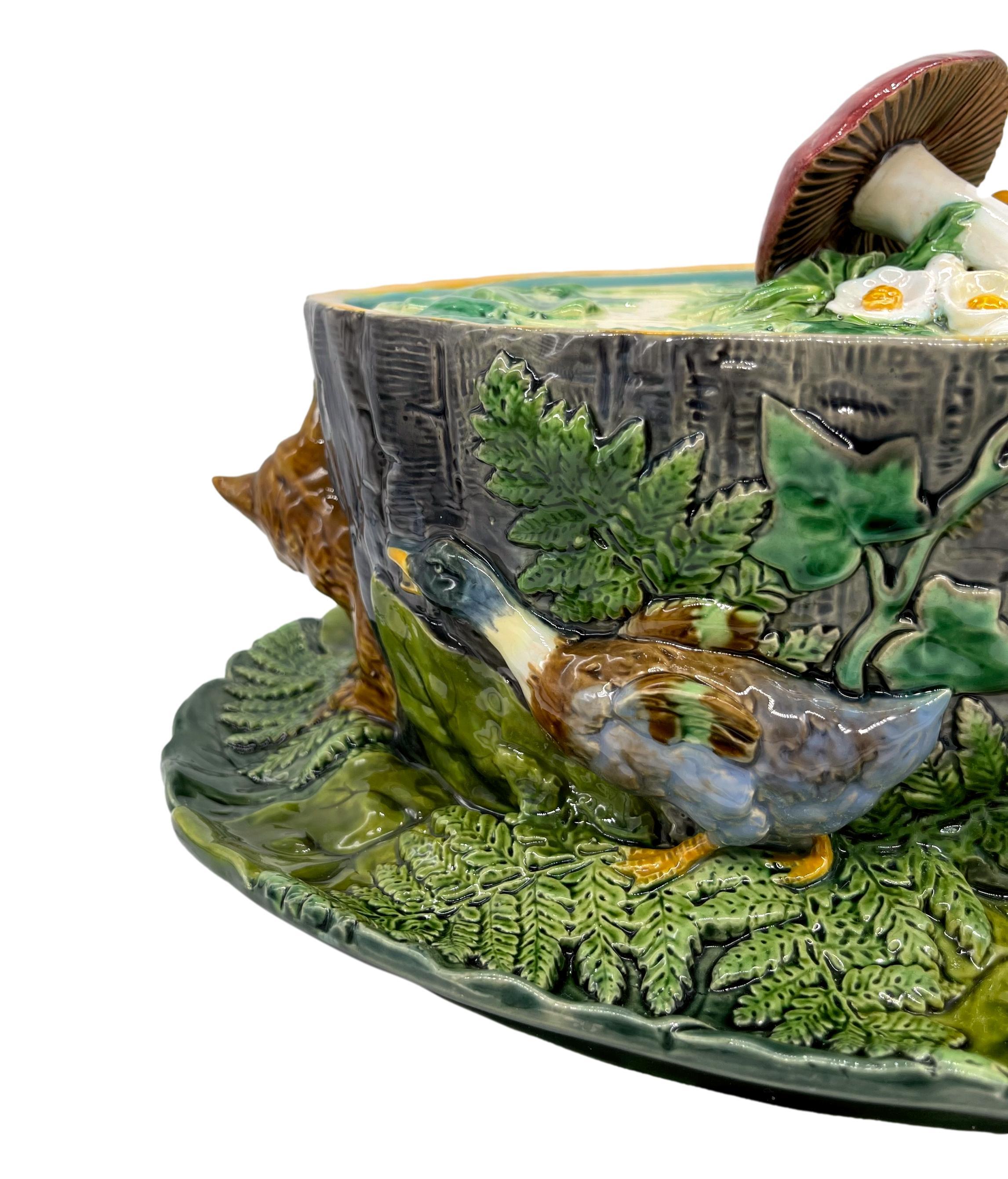 Minton Majolica Game Tureen with Foxes and Ducks, Dated 1874 In Good Condition In Banner Elk, NC