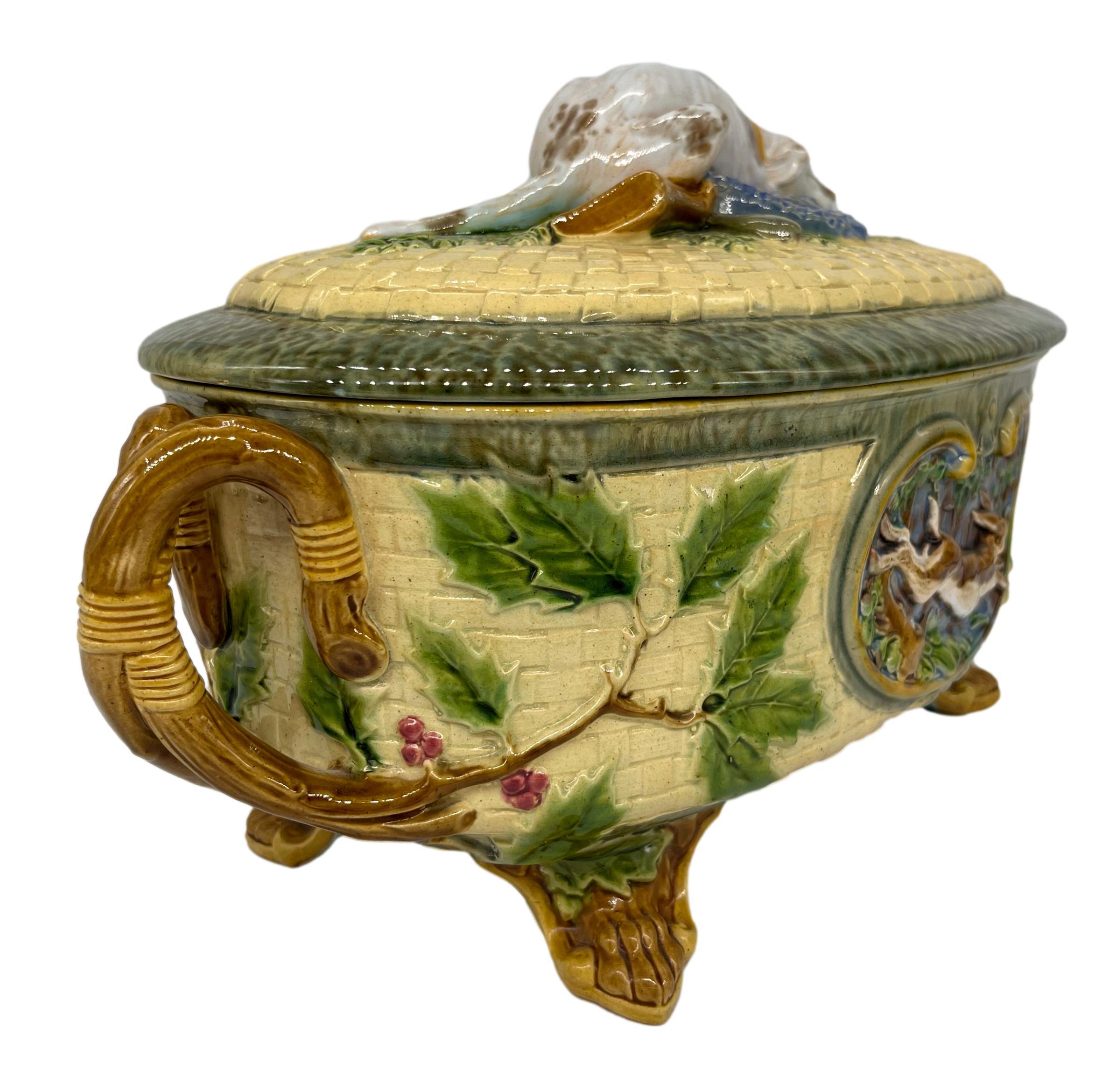 Victorian Minton Majolica Game Tureen with Hunting Dog Finial, Dated 1872