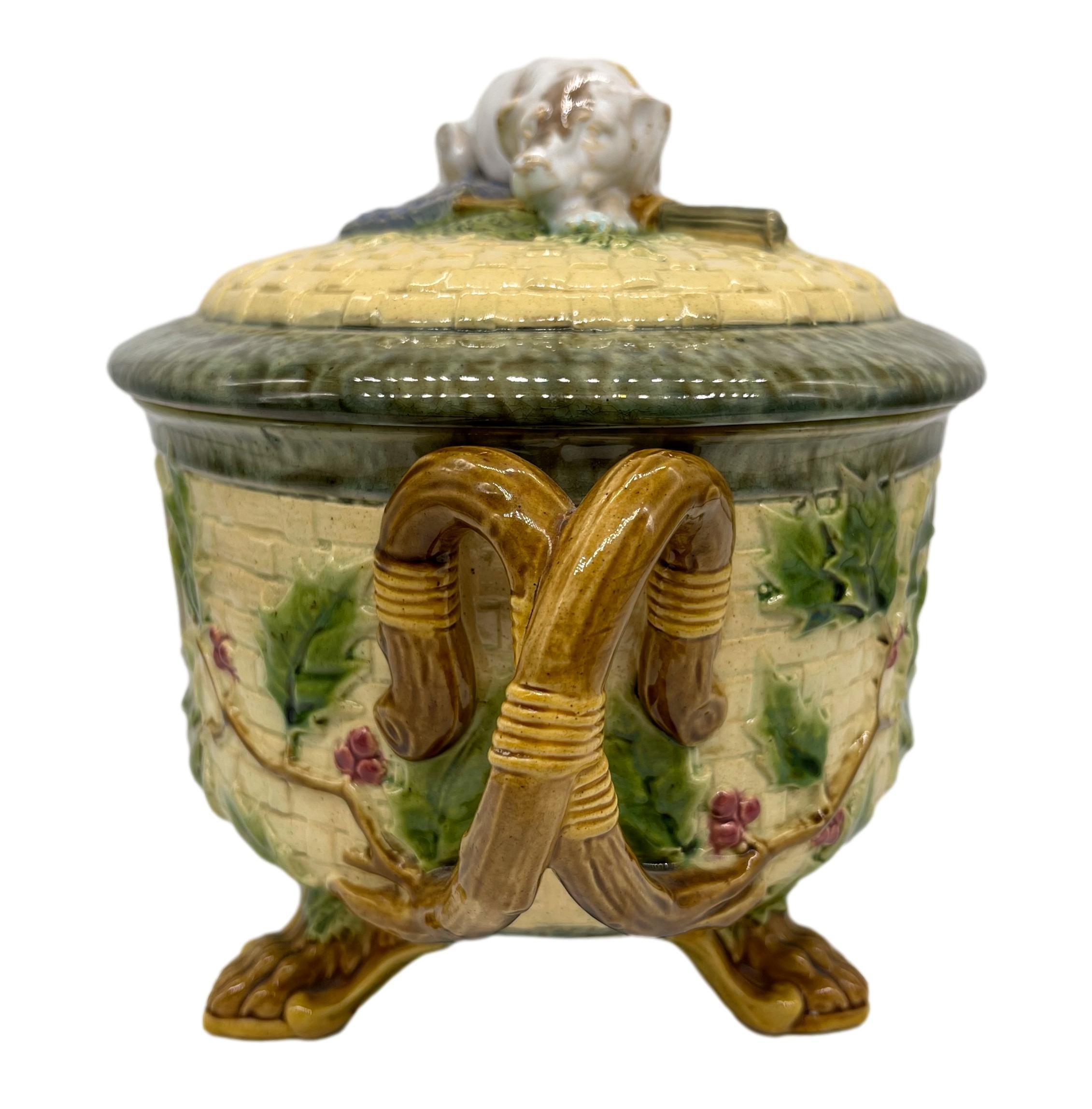 English Minton Majolica Game Tureen with Hunting Dog Finial, Dated 1872