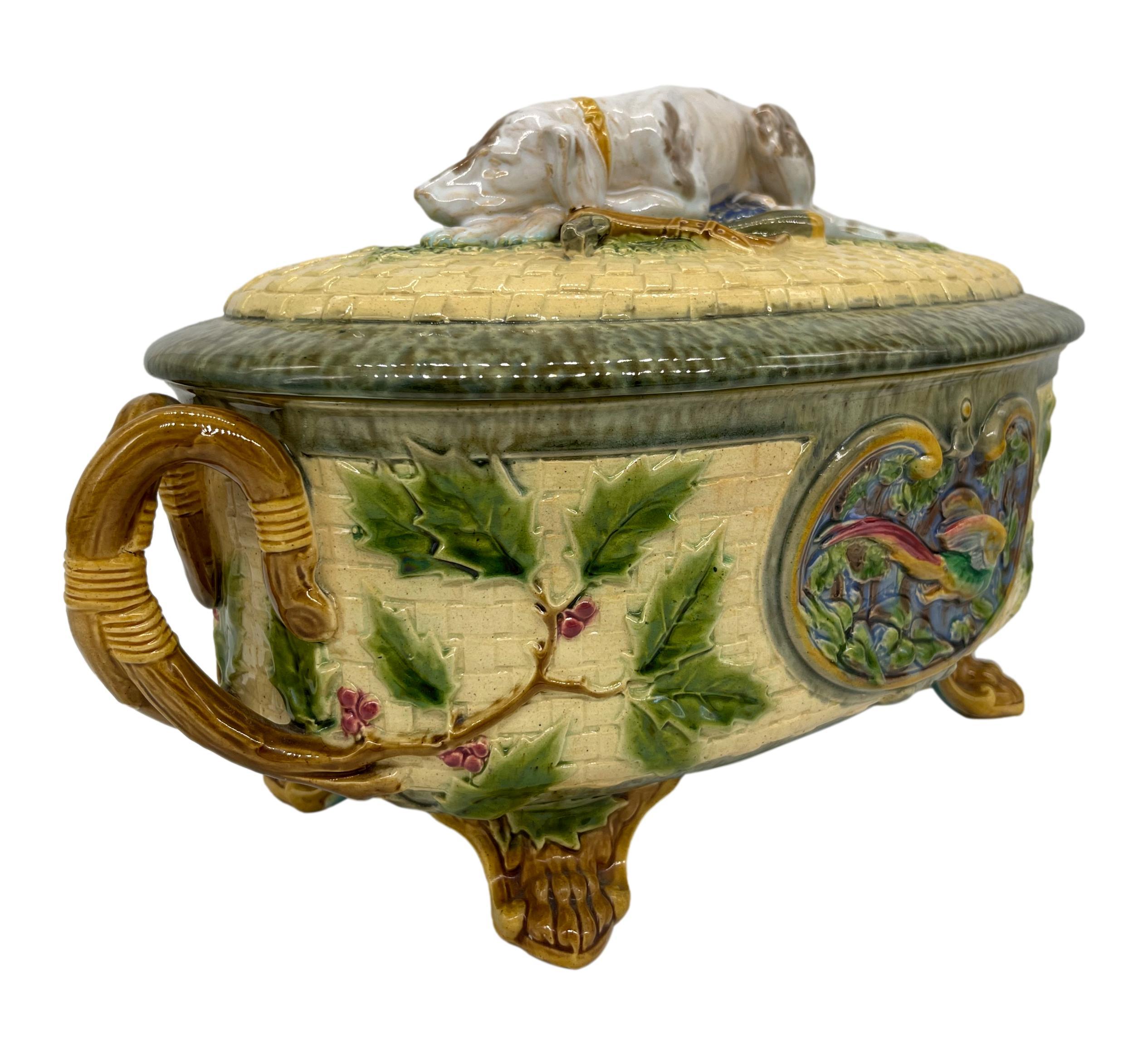 Molded Minton Majolica Game Tureen with Hunting Dog Finial, Dated 1872