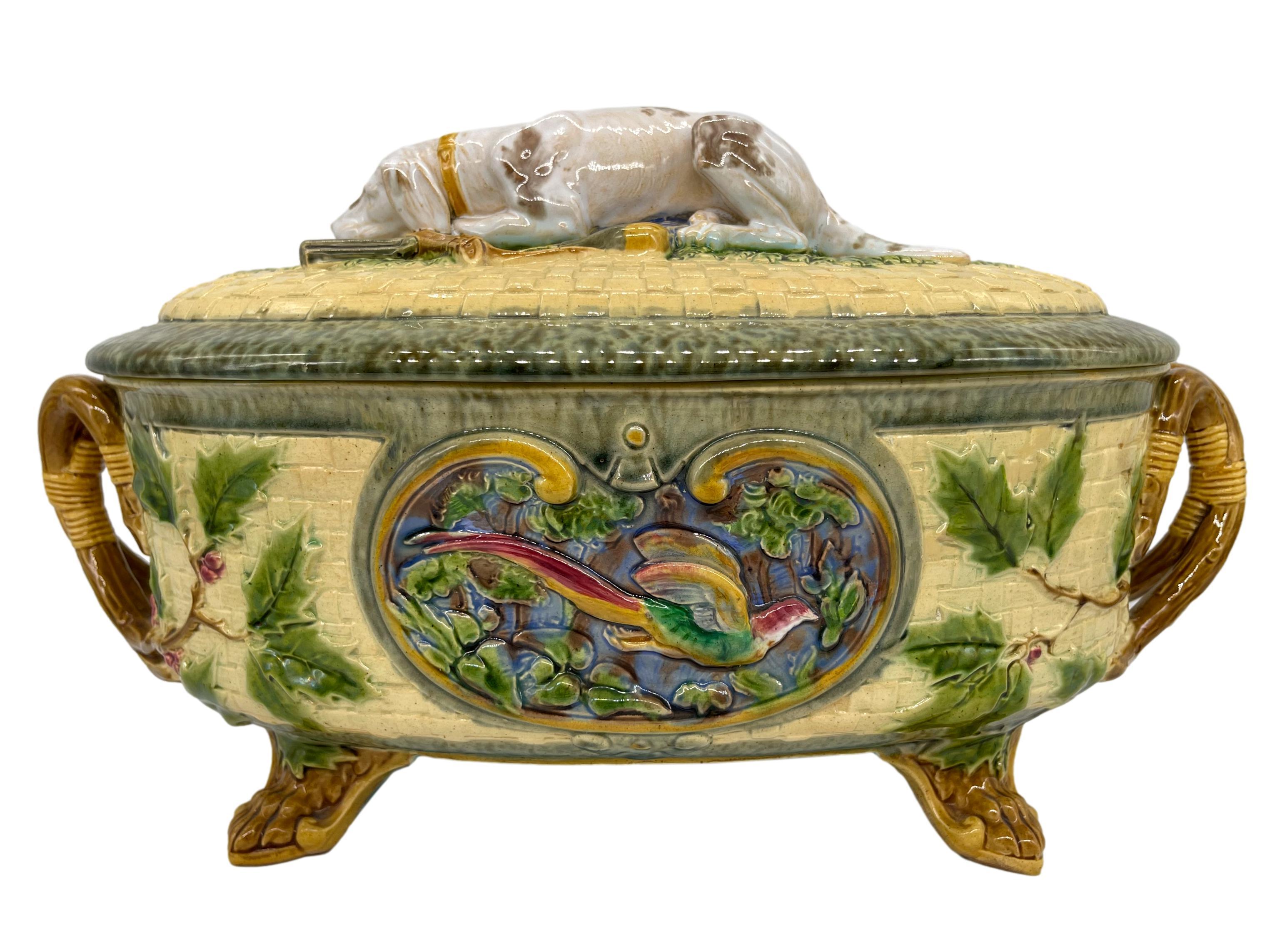 Minton Majolica Game Tureen with Hunting Dog Finial, Dated 1872 In Good Condition In Banner Elk, NC