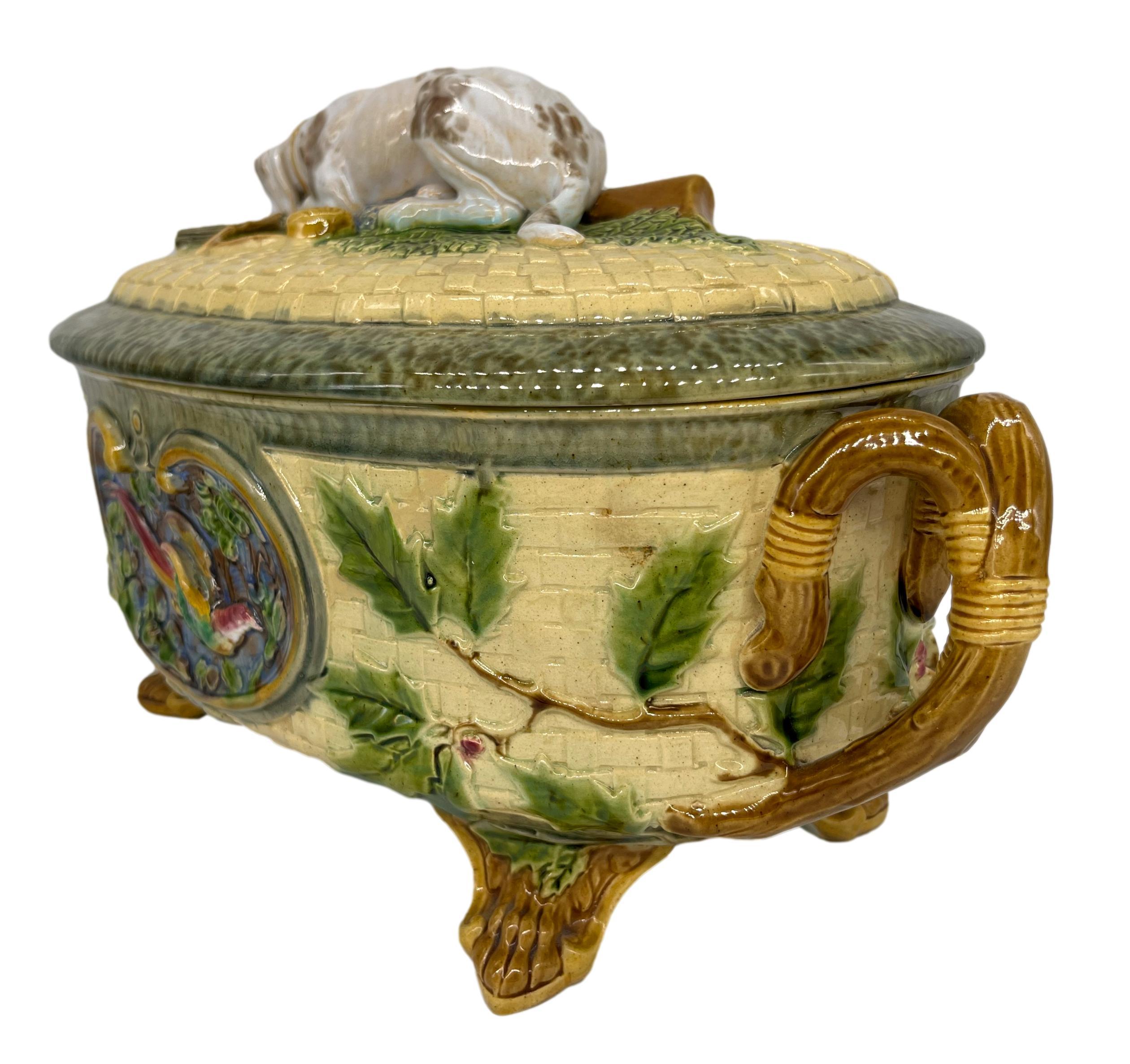 19th Century Minton Majolica Game Tureen with Hunting Dog Finial, Dated 1872