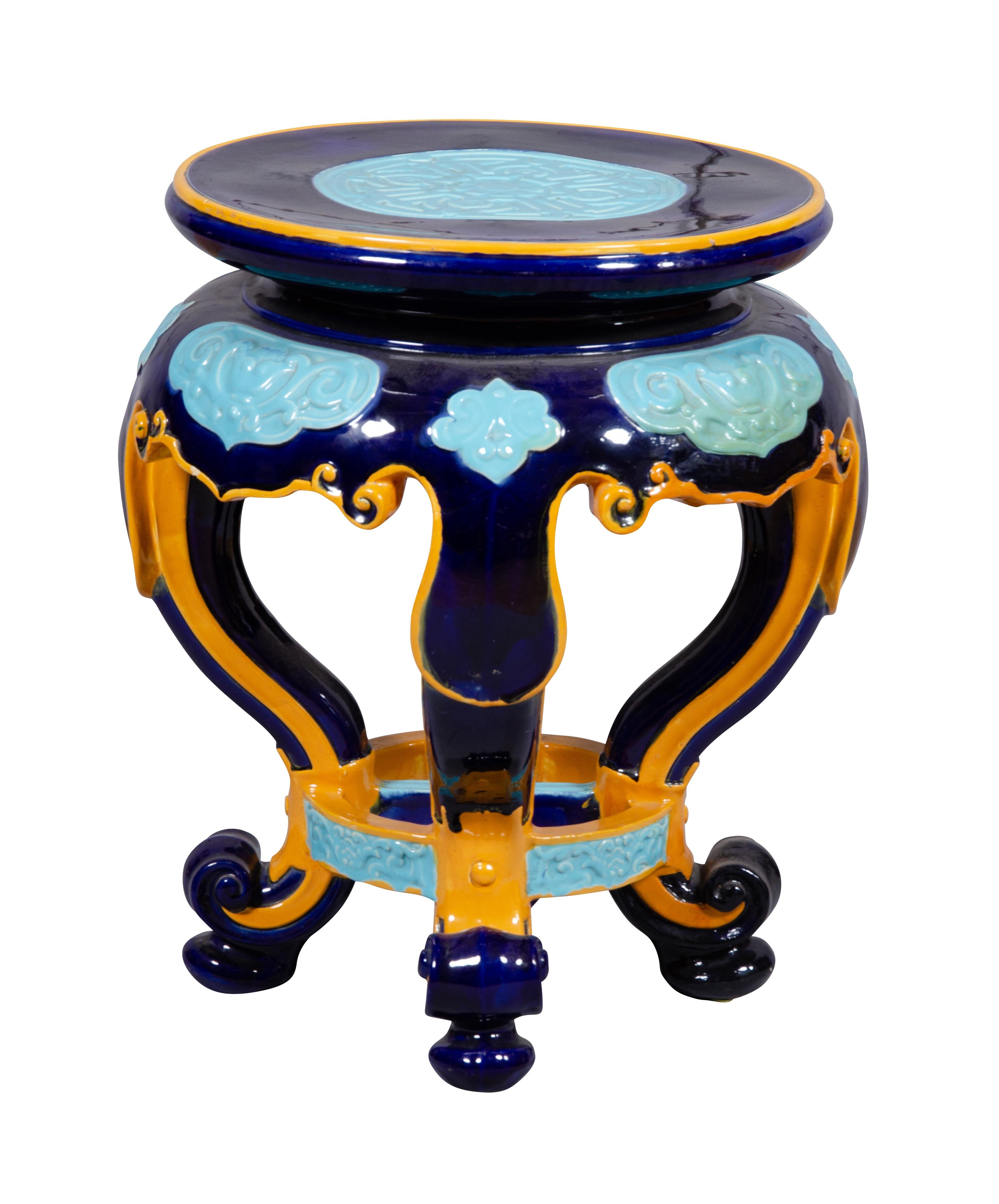 In a Chinese form decorated in navy, yellow and turquoise. Stamped Minton on base.