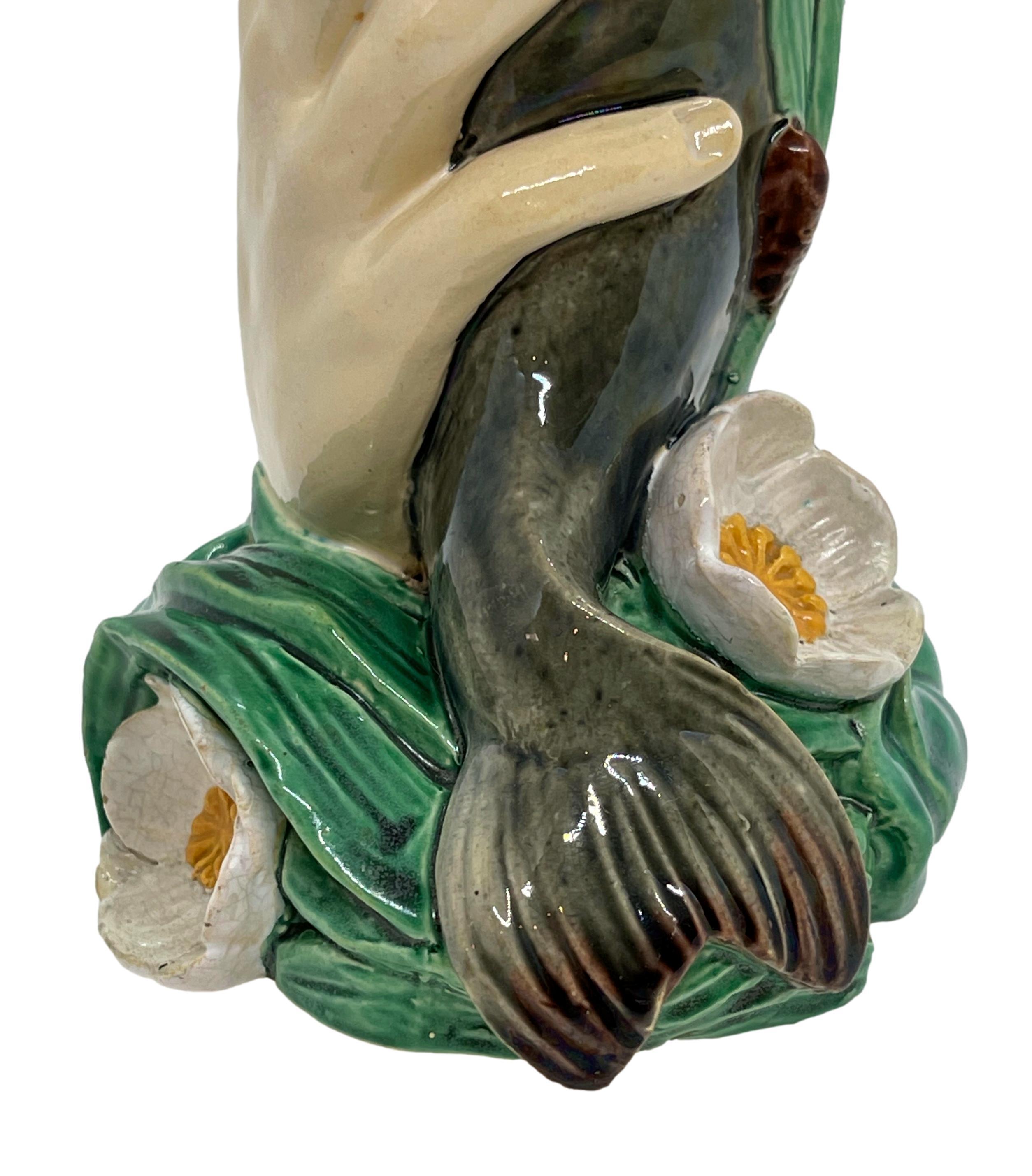 Minton Majolica Hand Holding Fish Vase and Water Lilies Base, Dated 1868 3