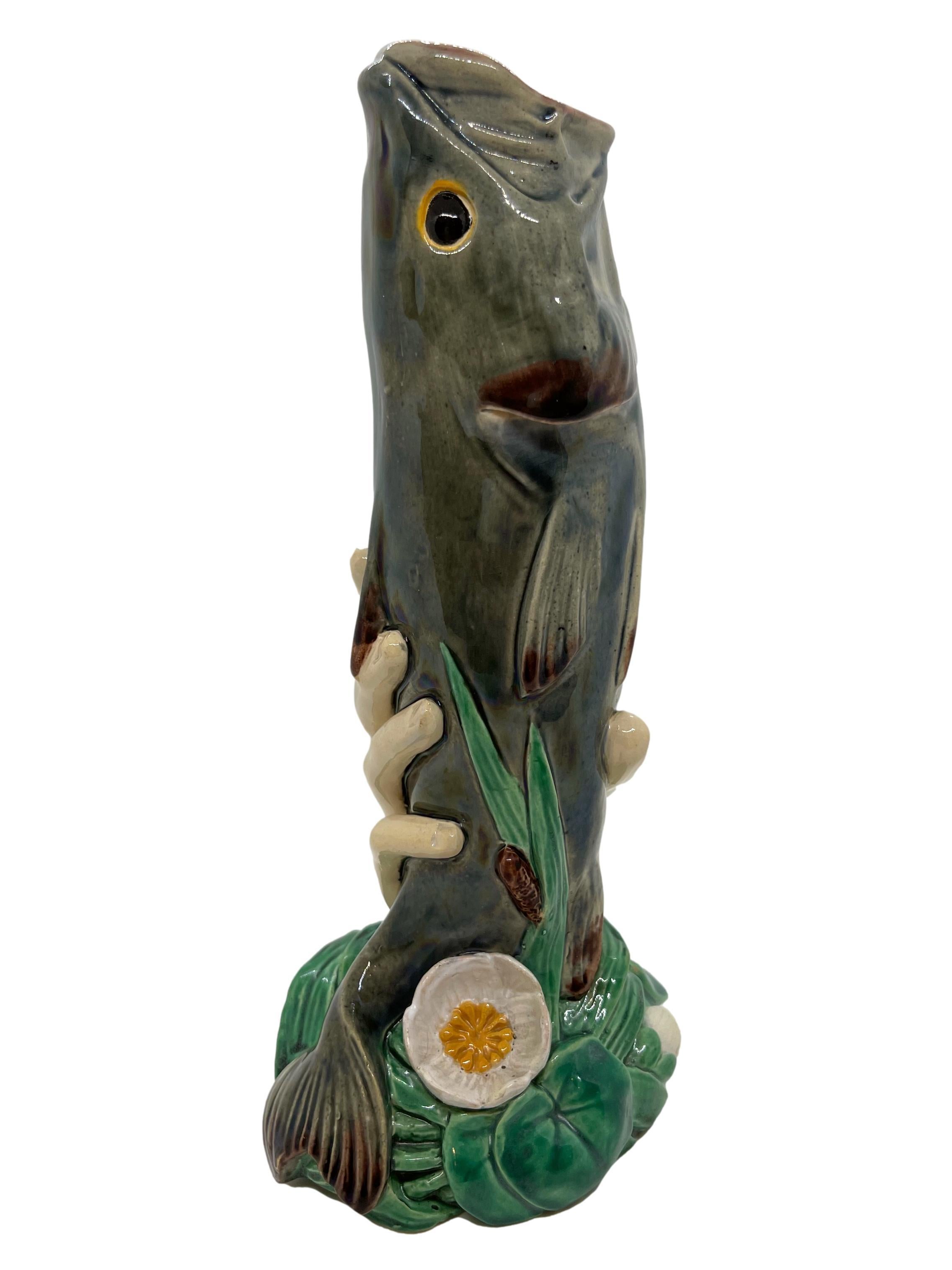 Molded Minton Majolica Hand Holding Fish Vase and Water Lilies Base, Dated 1868