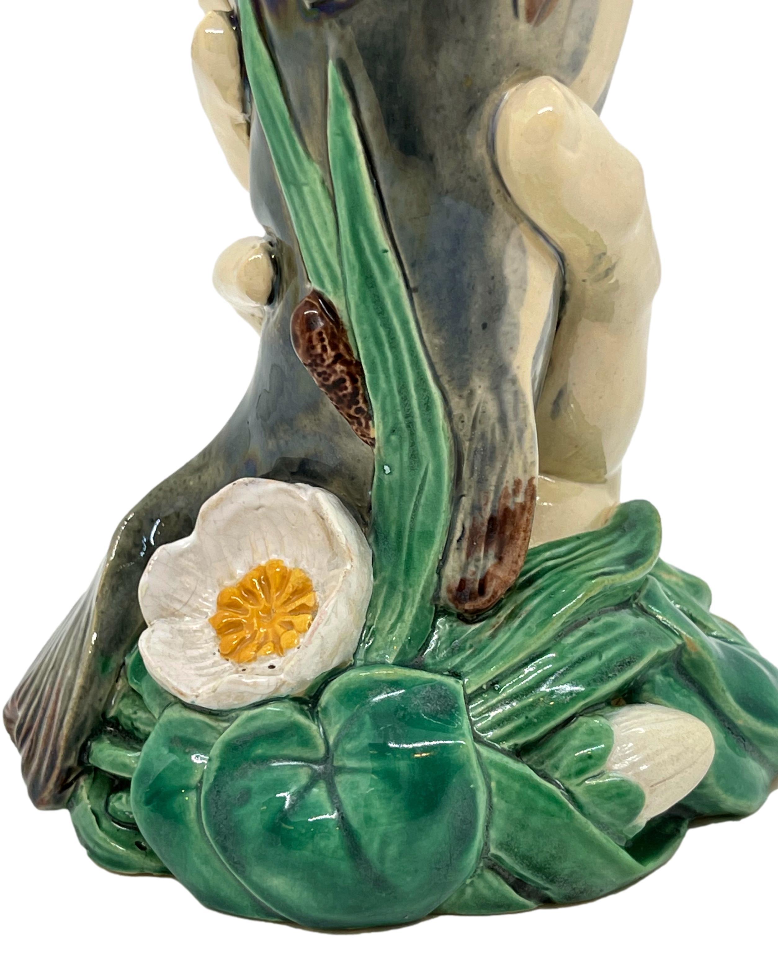 Minton Majolica Hand Holding Fish Vase and Water Lilies Base, Dated 1868 2