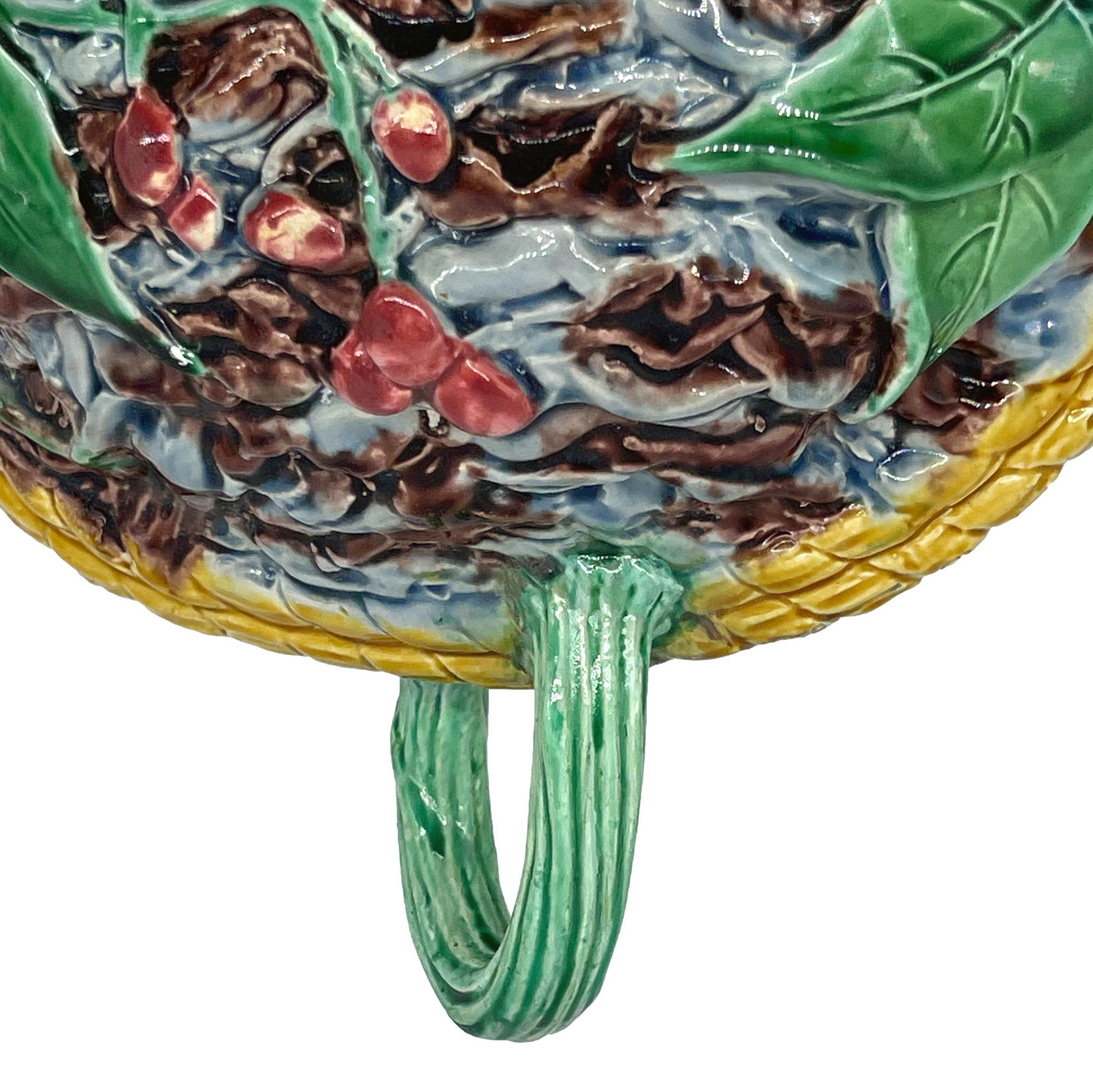 Minton Majolica Hanging Planter Basket, Bird's Nest, Cherries, Dated 1872 7