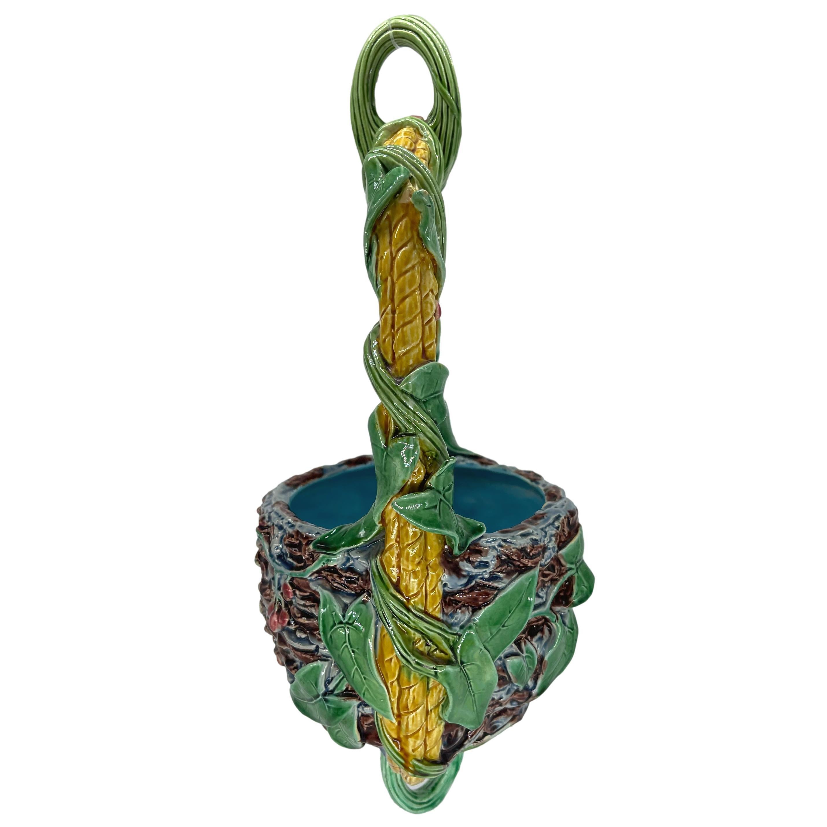 English Minton Majolica Hanging Planter Basket, Bird's Nest, Cherries, Dated 1872 For Sale