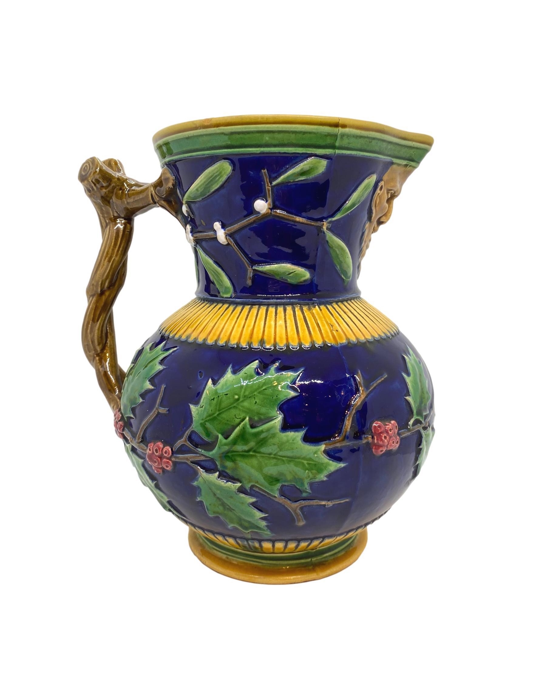 Victorian Minton Majolica Large Christmas Wine Ewer with Bacchus Mask, Cobalt, Dated 1868