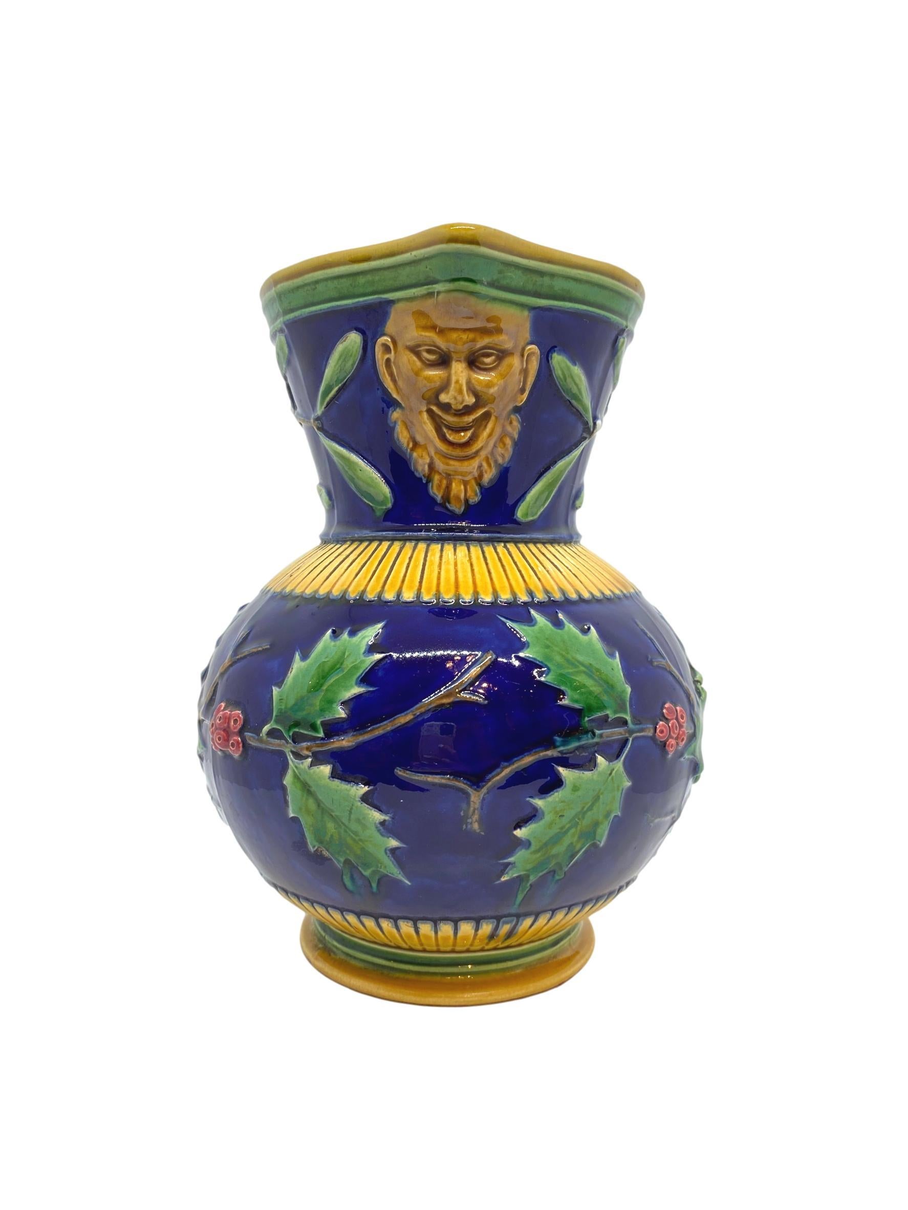Molded Minton Majolica Large Christmas Wine Ewer with Bacchus Mask, Cobalt, Dated 1868