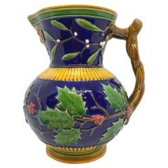 Minton Majolica Large Christmas Wine Ewer with Bacchus Mask, Cobalt, Dated 1868