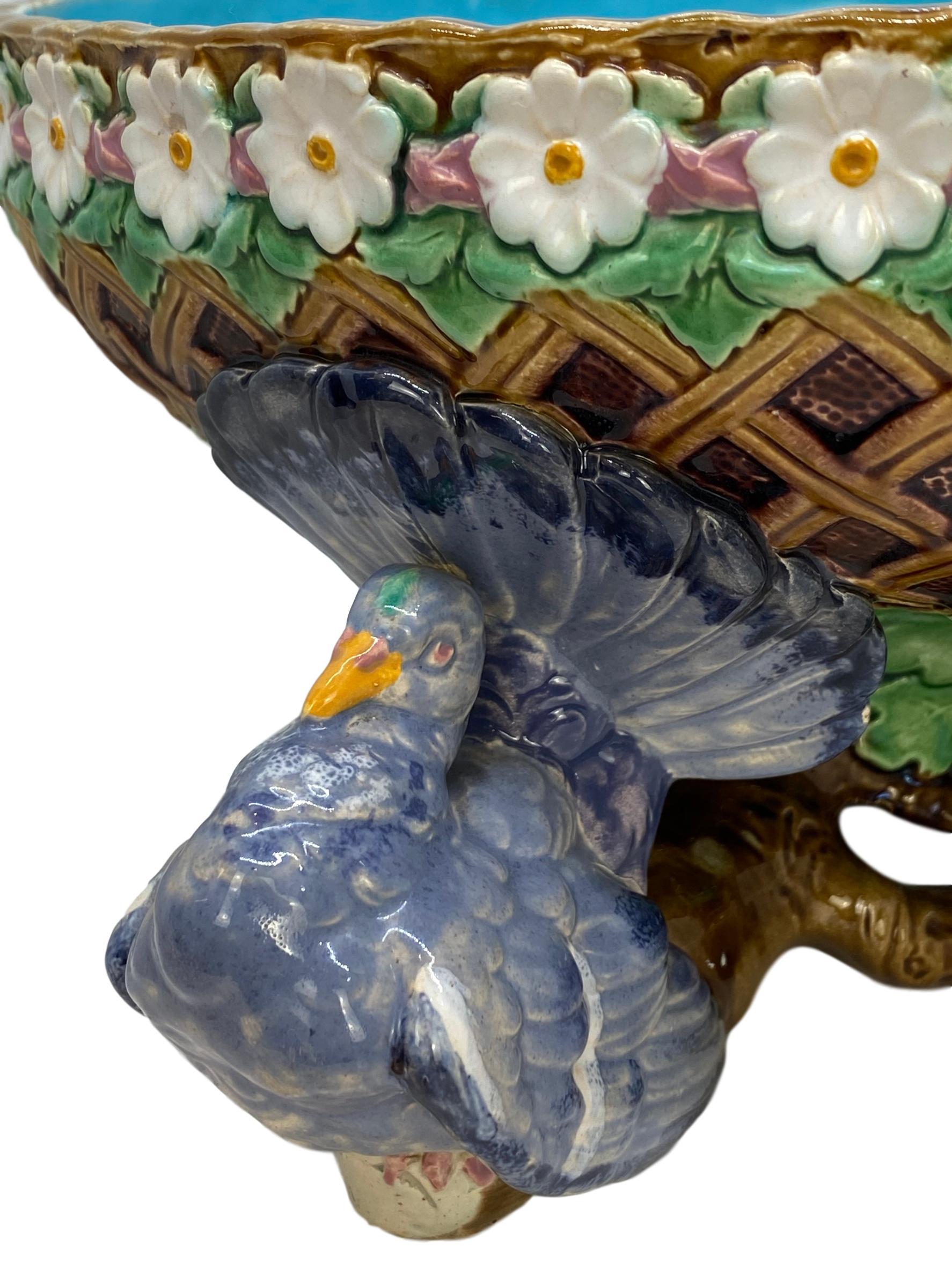 Minton Majolica Large Fruit Bowl with Three Pigeons Support, English, Dated 1870 For Sale 5