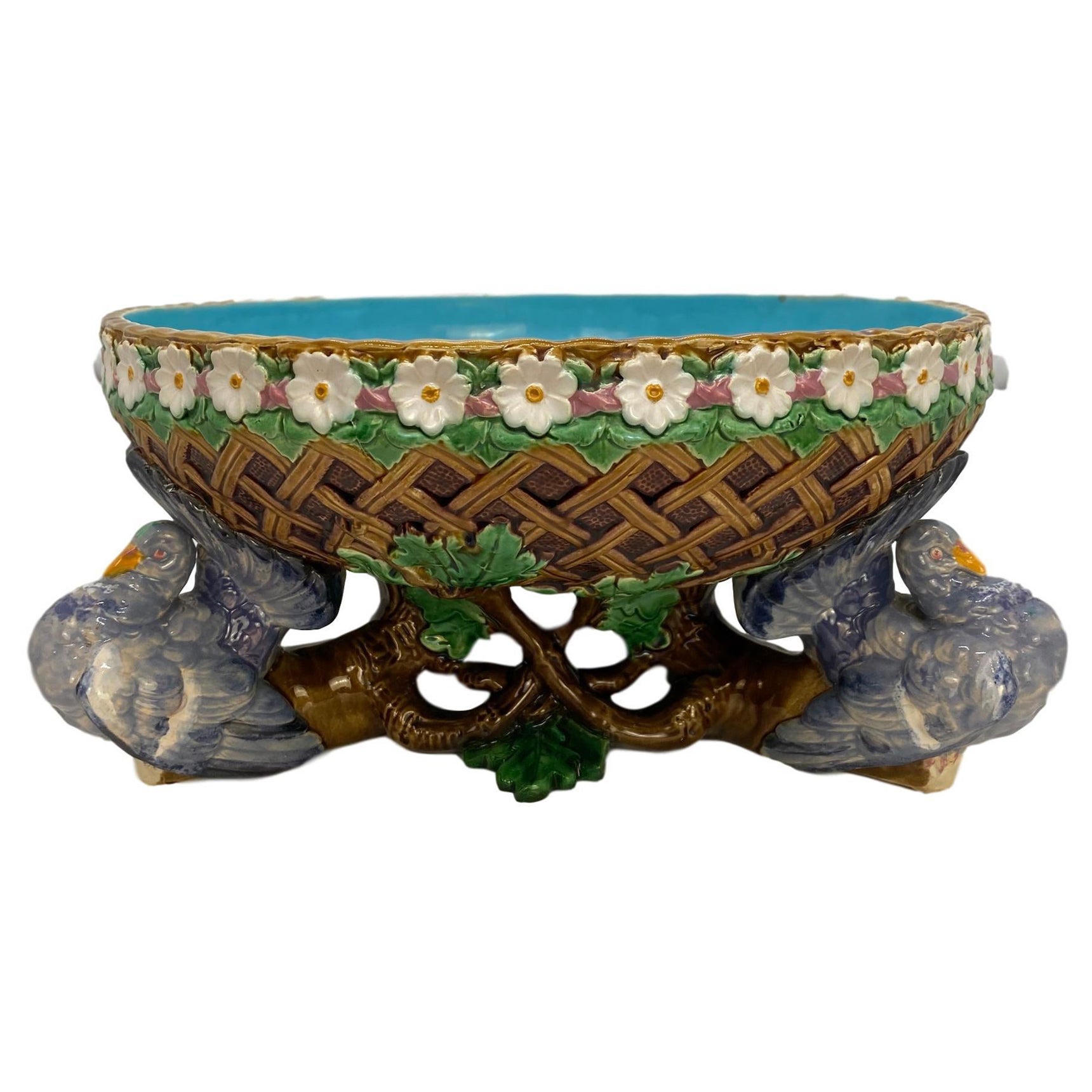 Minton Majolica Large Fruit Bowl with Three Pigeons Support, English, Dated 1870