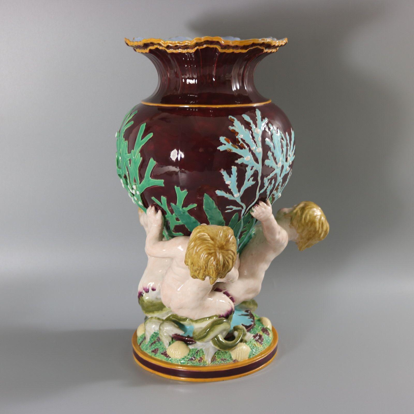 Minton Majolica Marine Vase with Merboys In Good Condition For Sale In Chelmsford, Essex
