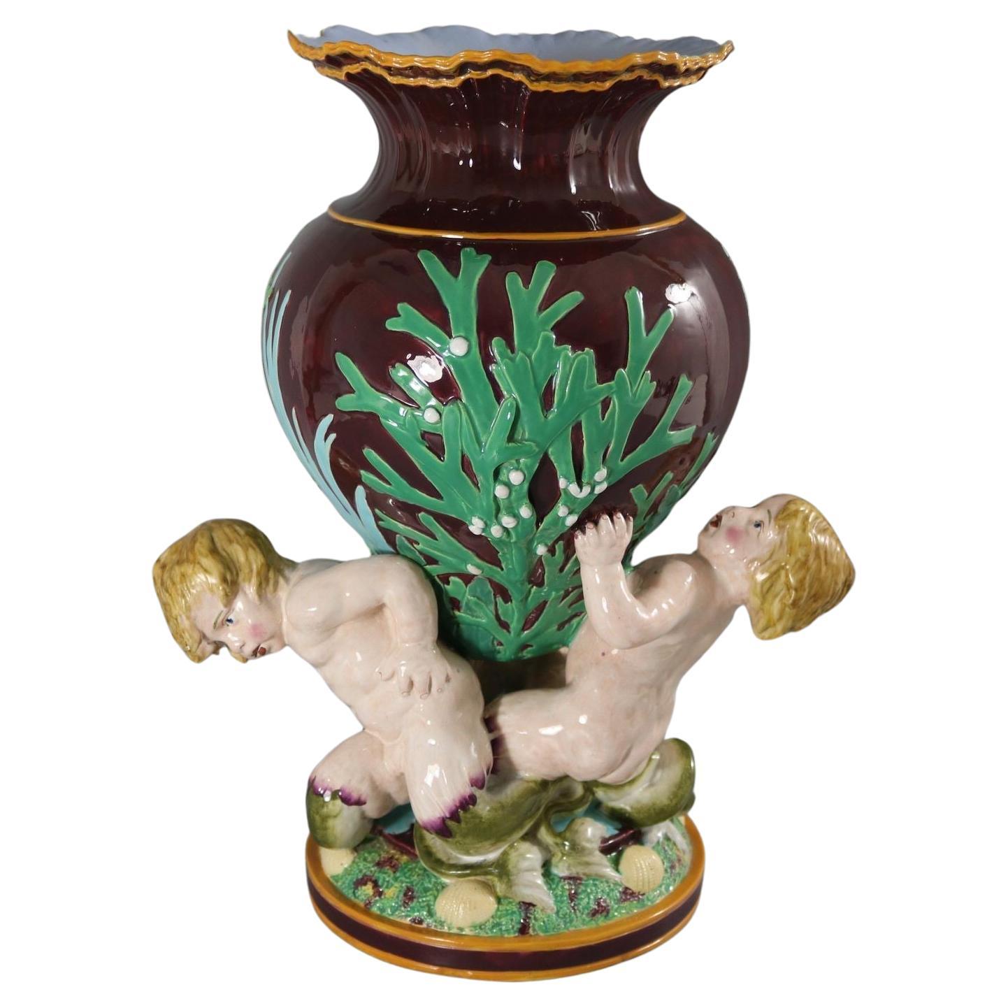 Minton Majolica Marine Vase with Merboys For Sale