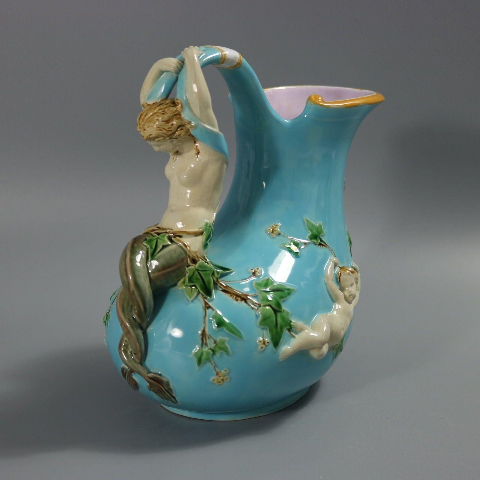 English Minton Majolica Mermaid and Cherub Wine Pitcher For Sale