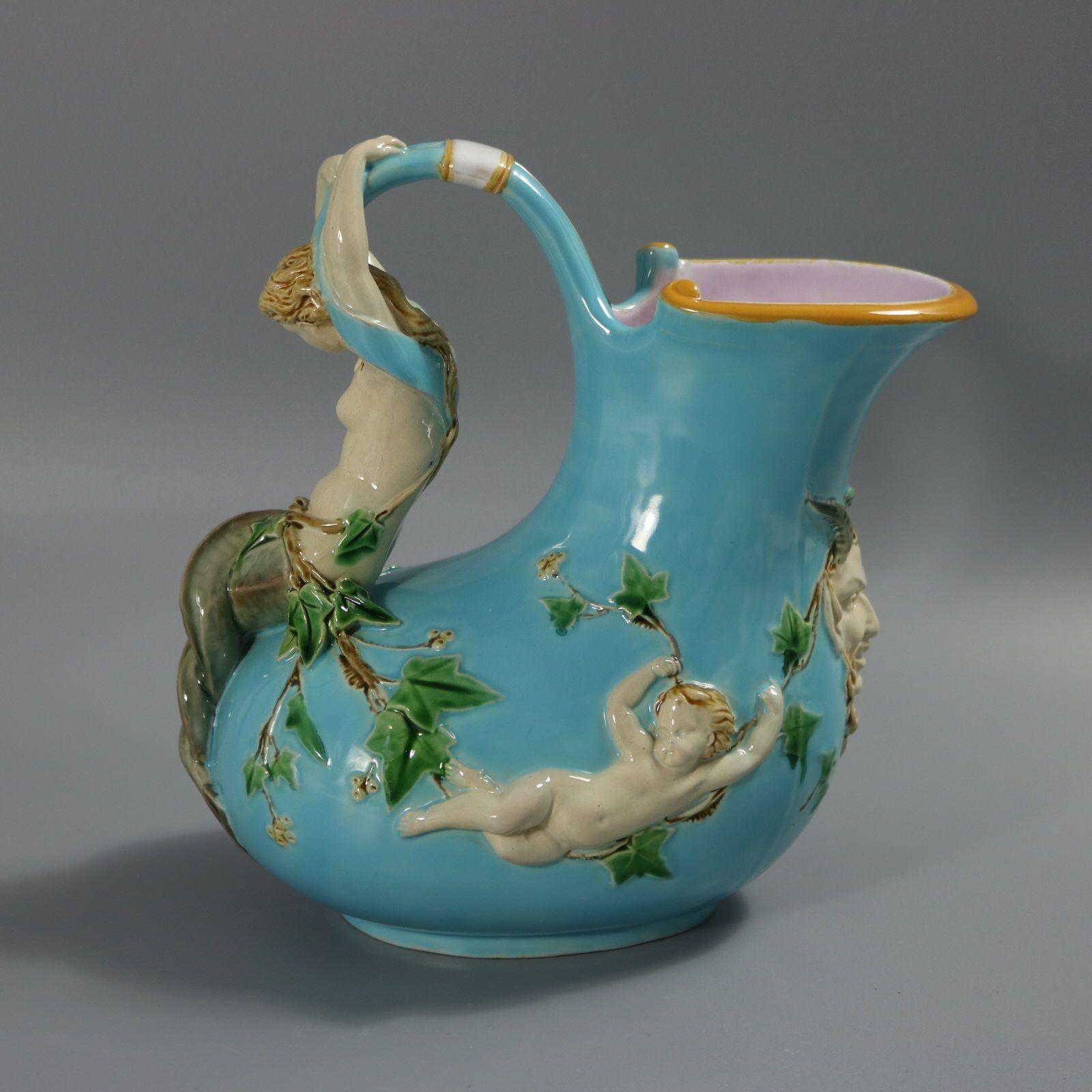 Minton Majolica Mermaid and Cherub Wine Pitcher In Good Condition For Sale In Chelmsford, Essex