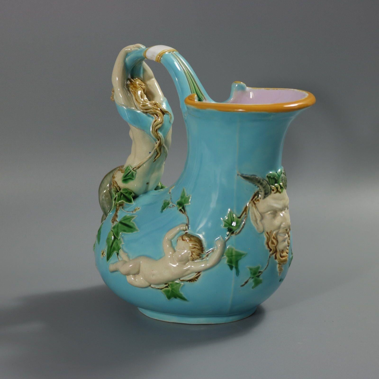 Mid-19th Century Minton Majolica Mermaid and Cherub Wine Pitcher For Sale