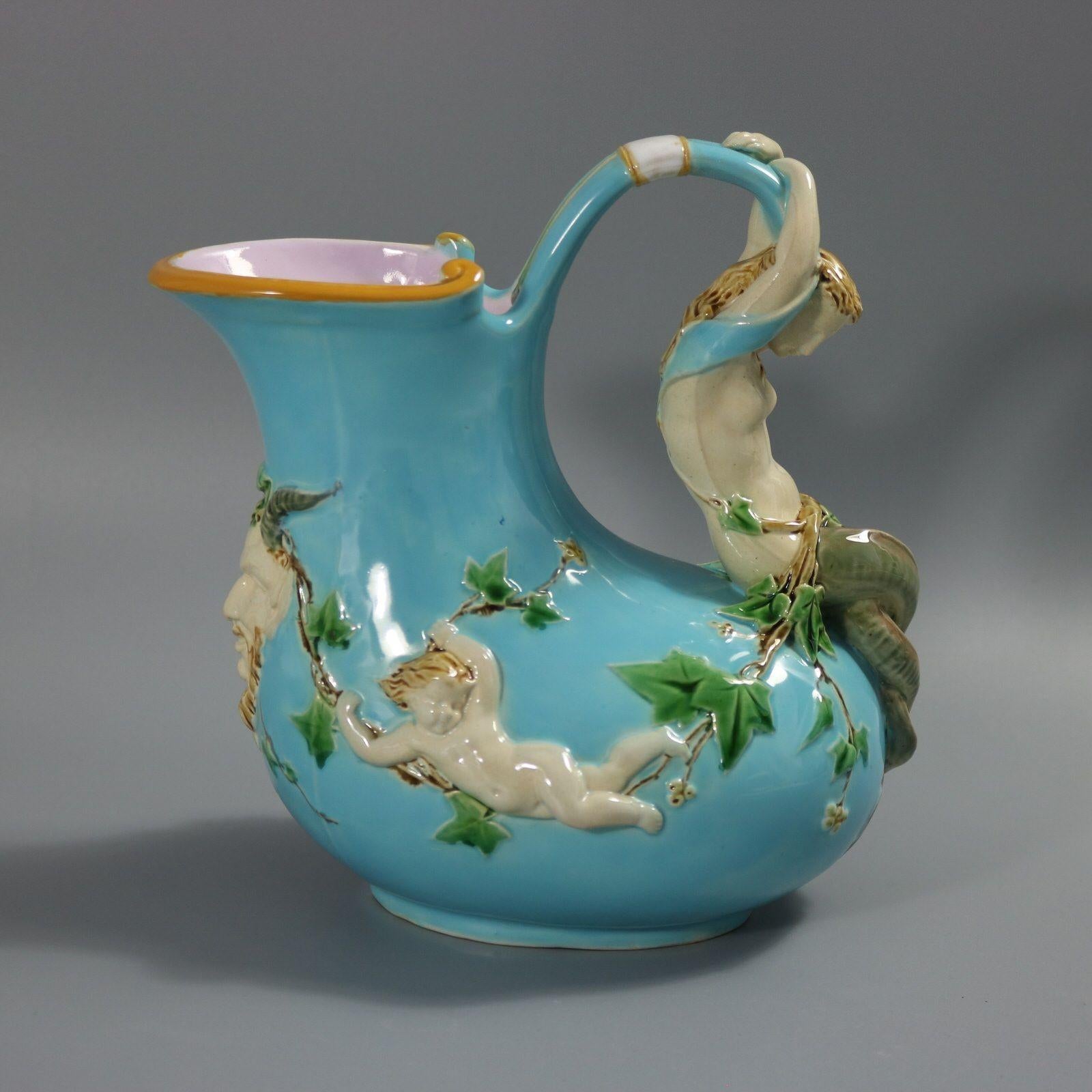 Minton Majolica Mermaid and Cherub Wine Pitcher For Sale 3