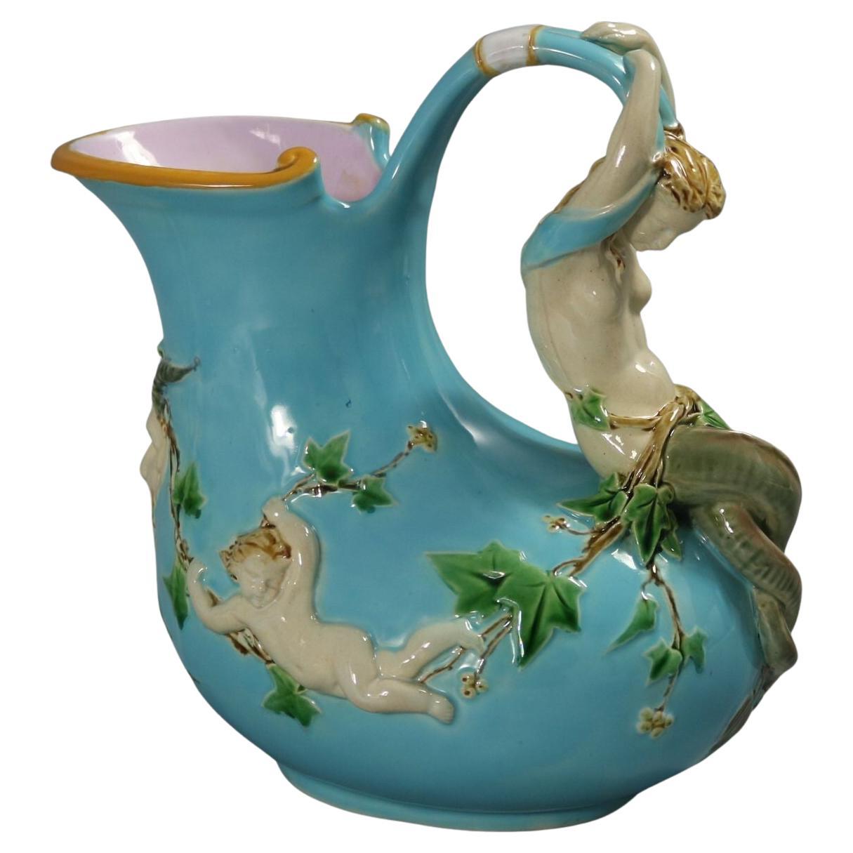 Minton Majolica Mermaid and Cherub Wine Pitcher