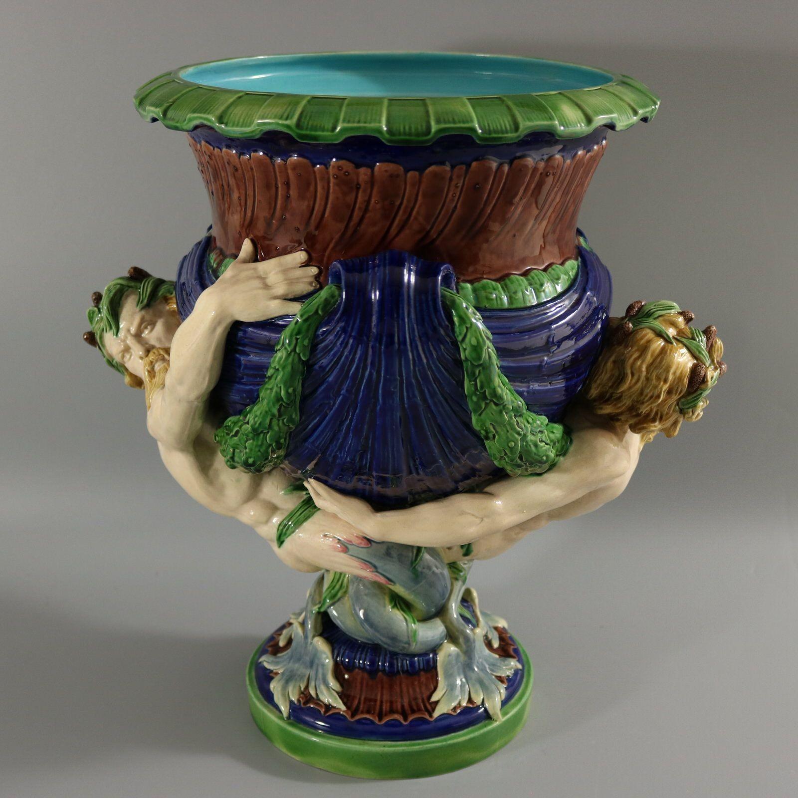 Minton Majolica Mermen Jardiniere Turquoise Interior In Good Condition For Sale In Chelmsford, Essex