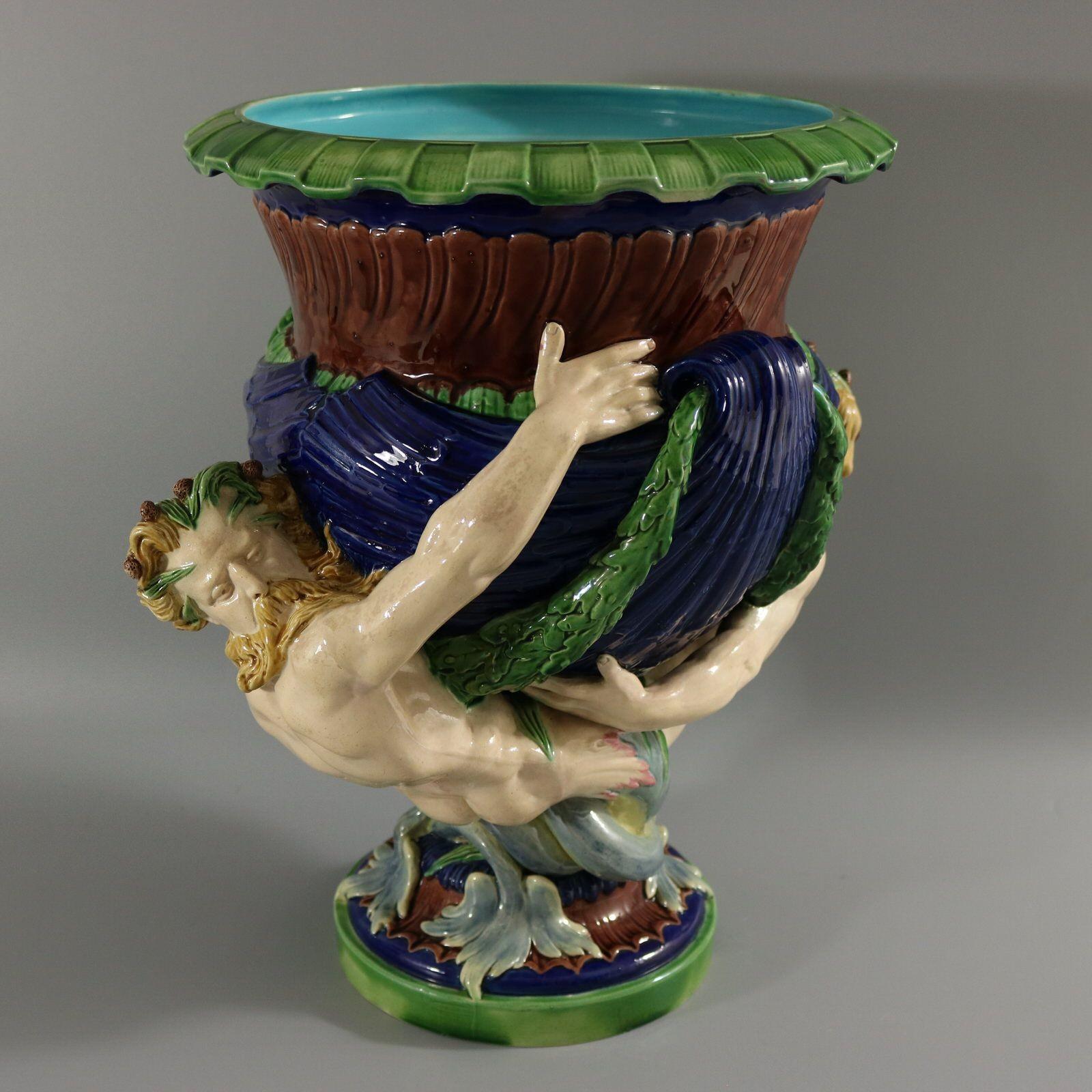 Minton Majolica Mermen Jardiniere Turquoise Interior For Sale 2