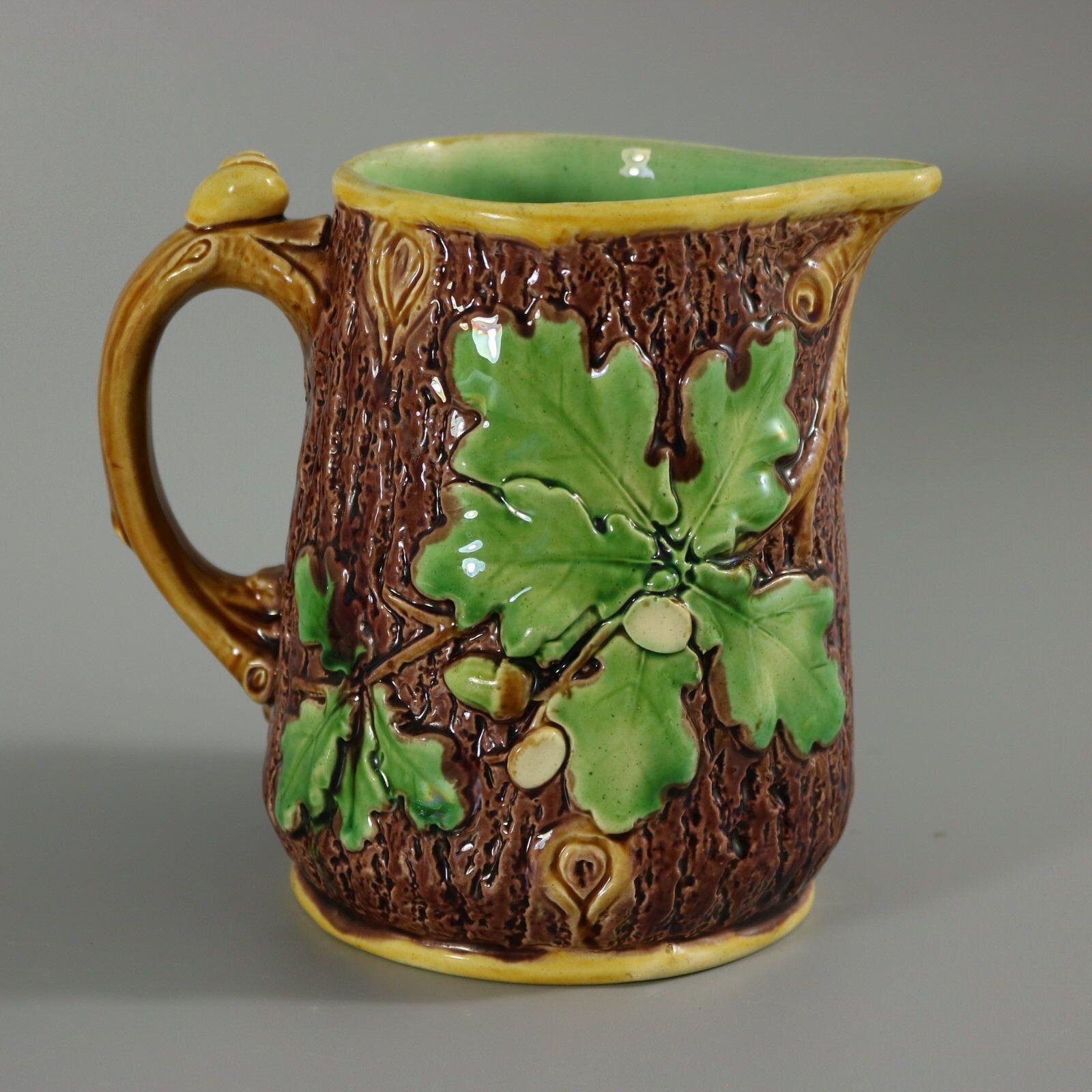 English Minton Majolica Oak Jug / Pitcher with Snail Handle For Sale