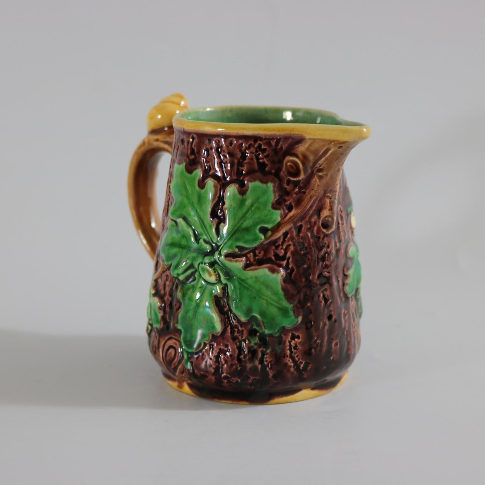 Minton Majolica Oak Jug/Pitcher with Snail Handle In Good Condition For Sale In Chelmsford, Essex