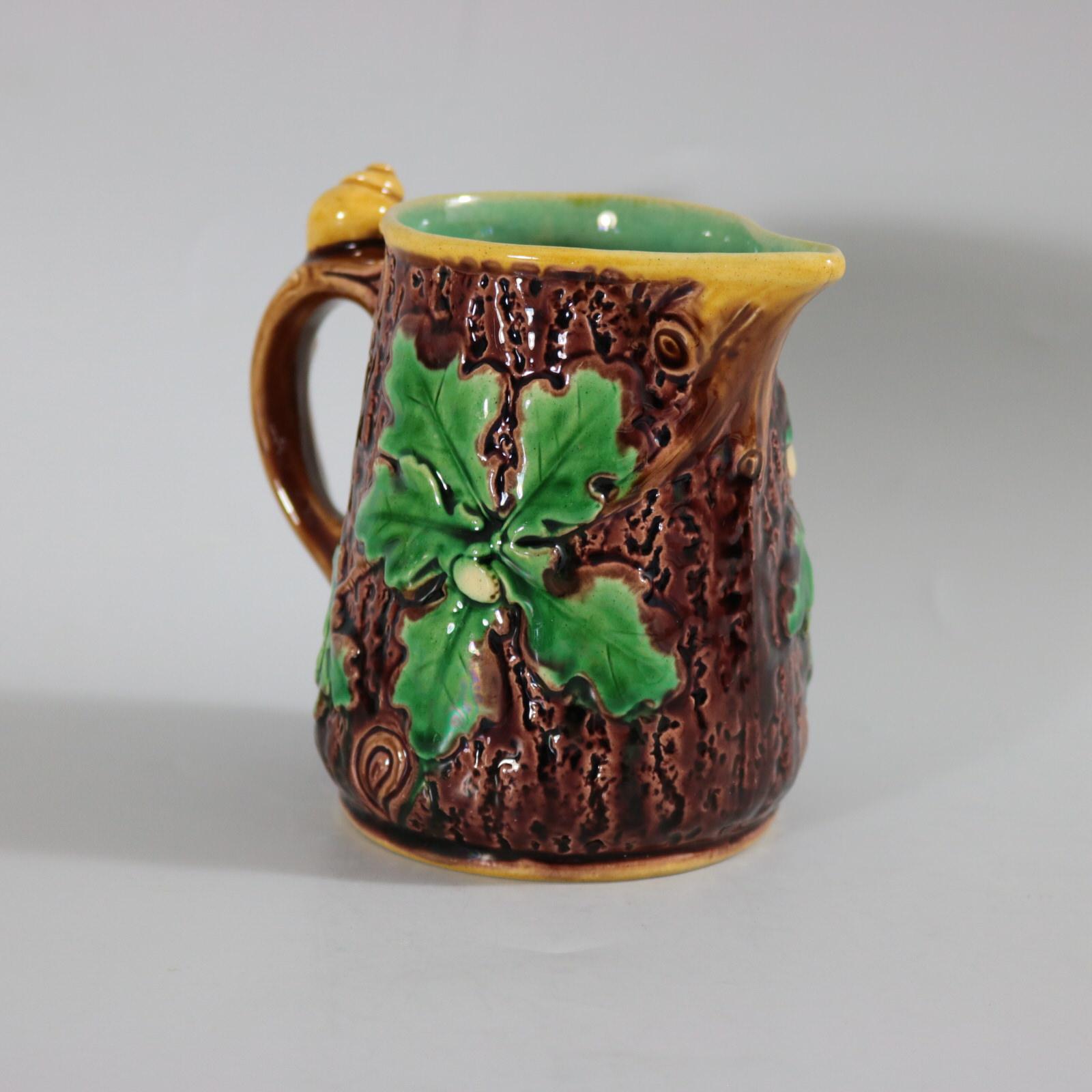 Victorian Minton Majolica Oak Jug/Pitcher with Snail Handle For Sale