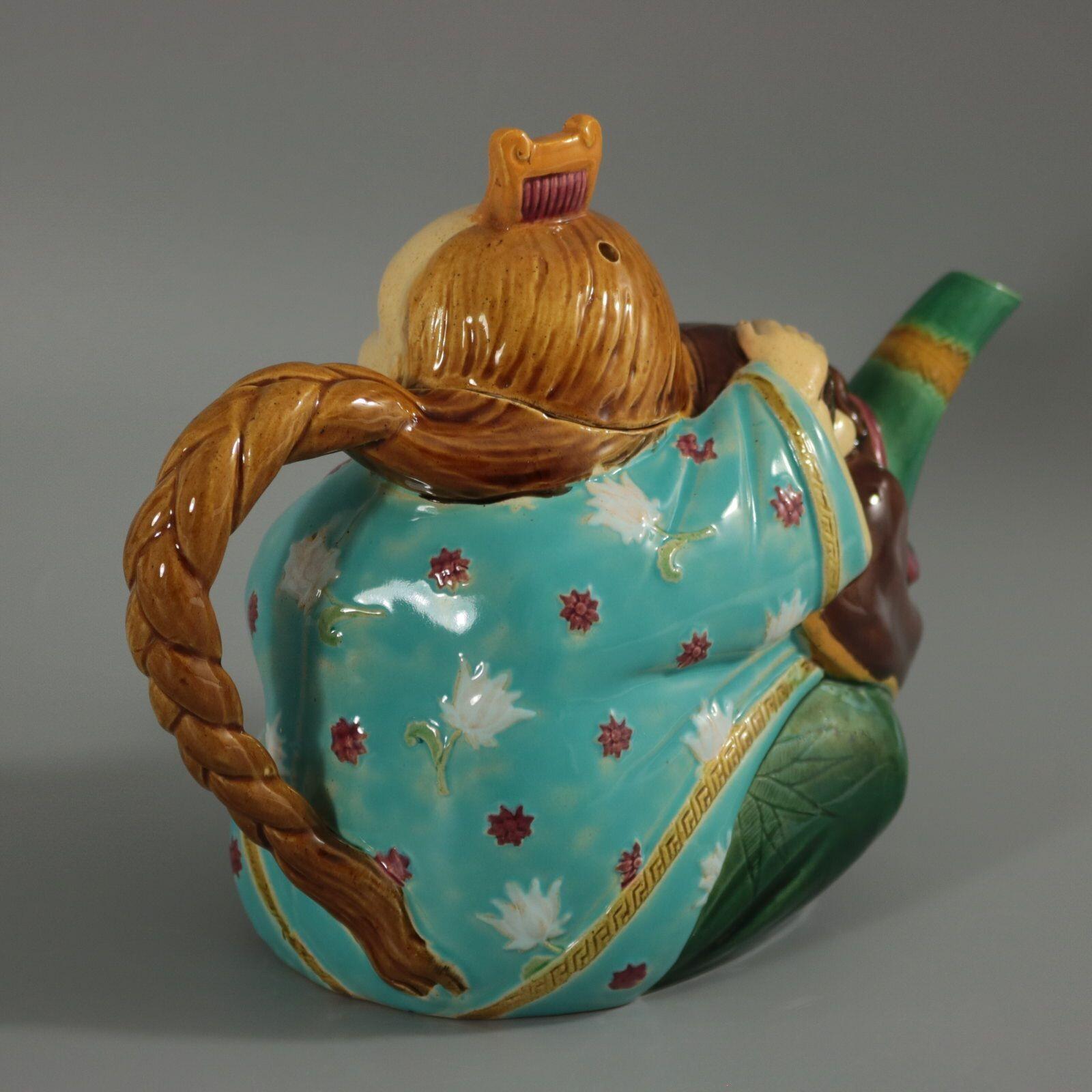Victorian Minton Majolica Oriental Figure Teapot For Sale