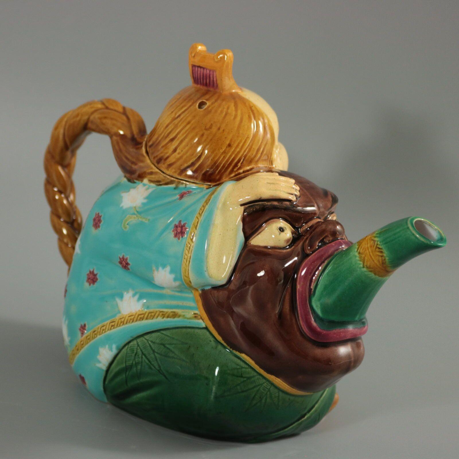 Minton Majolica Oriental Figure Teapot In Good Condition For Sale In Chelmsford, Essex