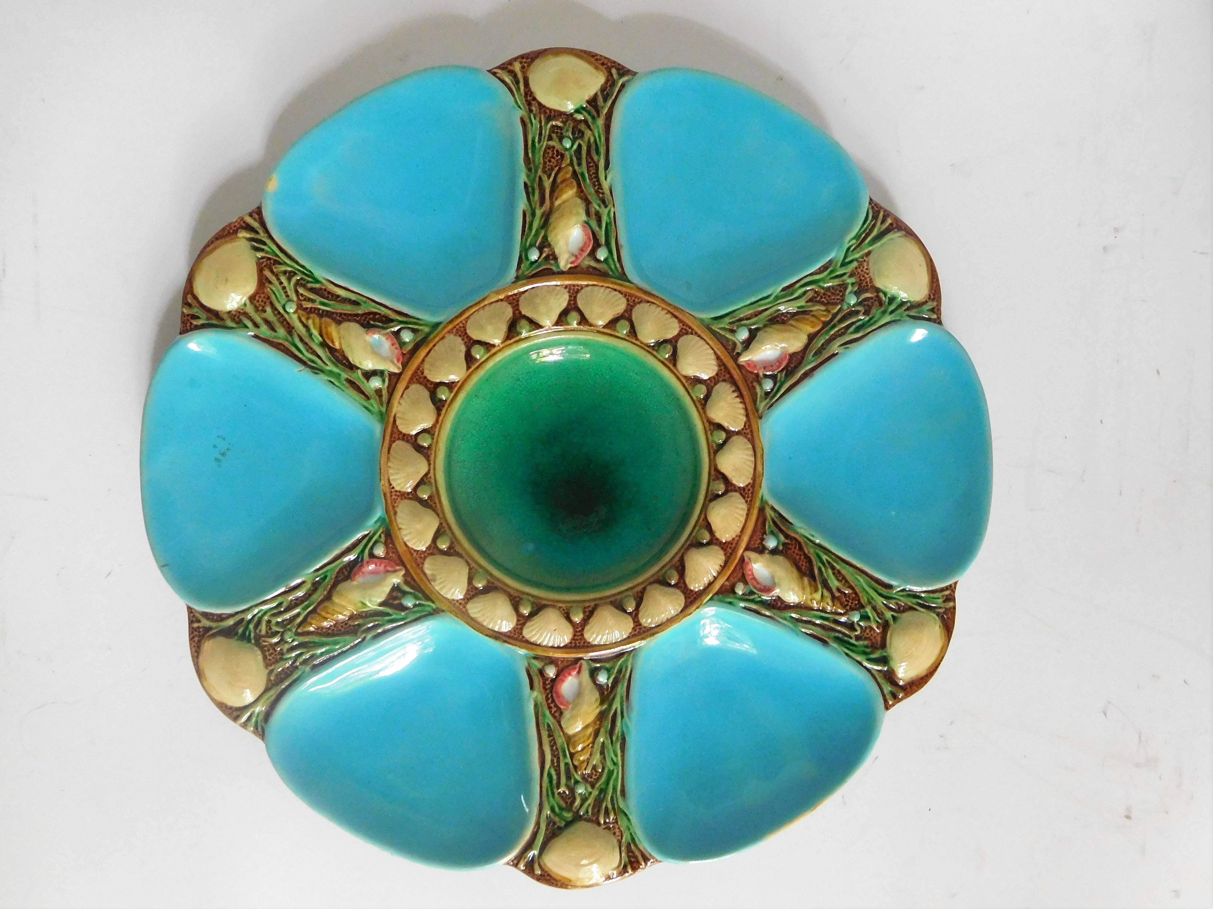 Minton Majolica Oyster Plate in Turquoise and Green, England, 1868 6