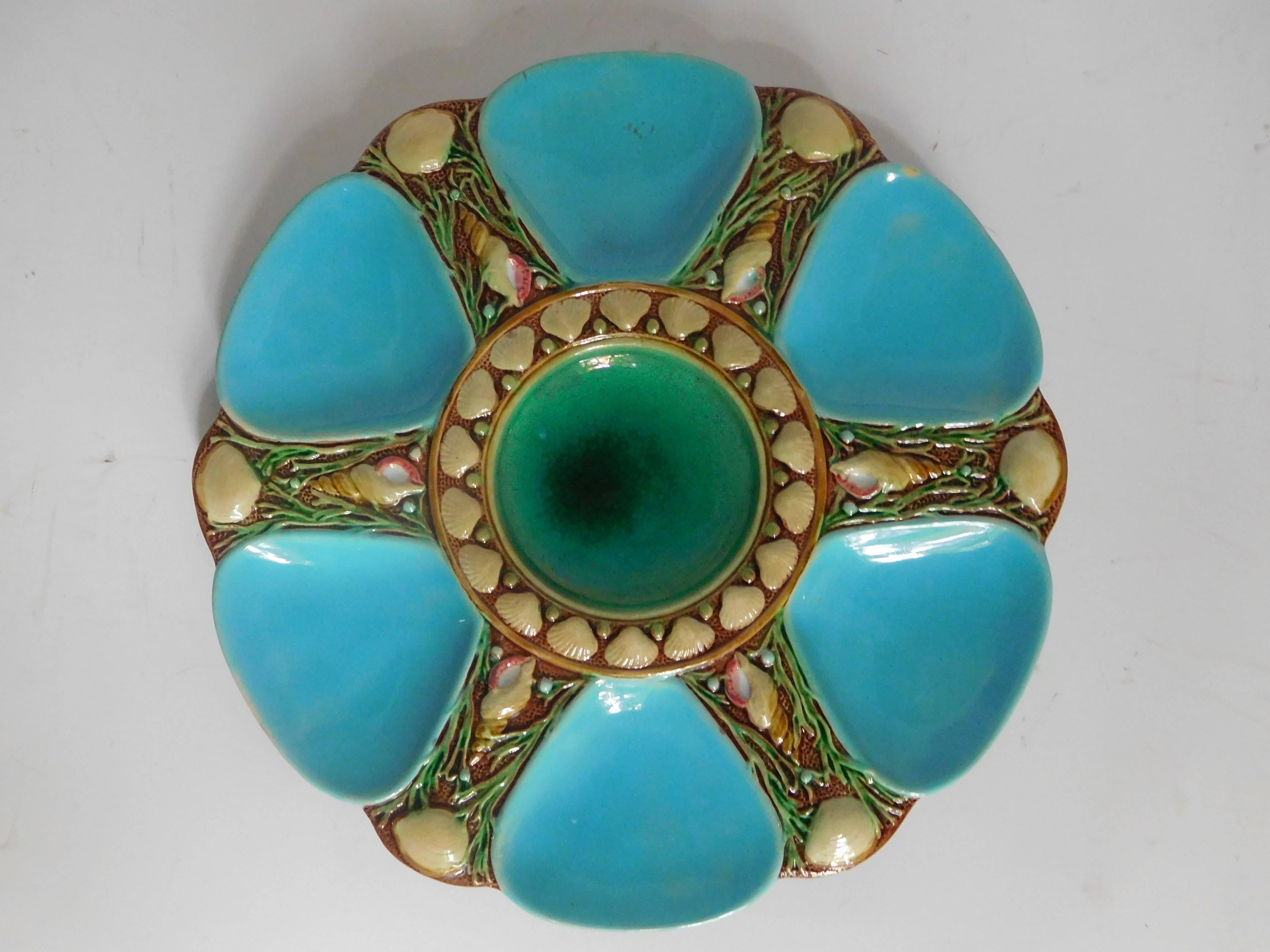 Victorian Minton Majolica Oyster Plate in Turquoise and Green, England, 1868