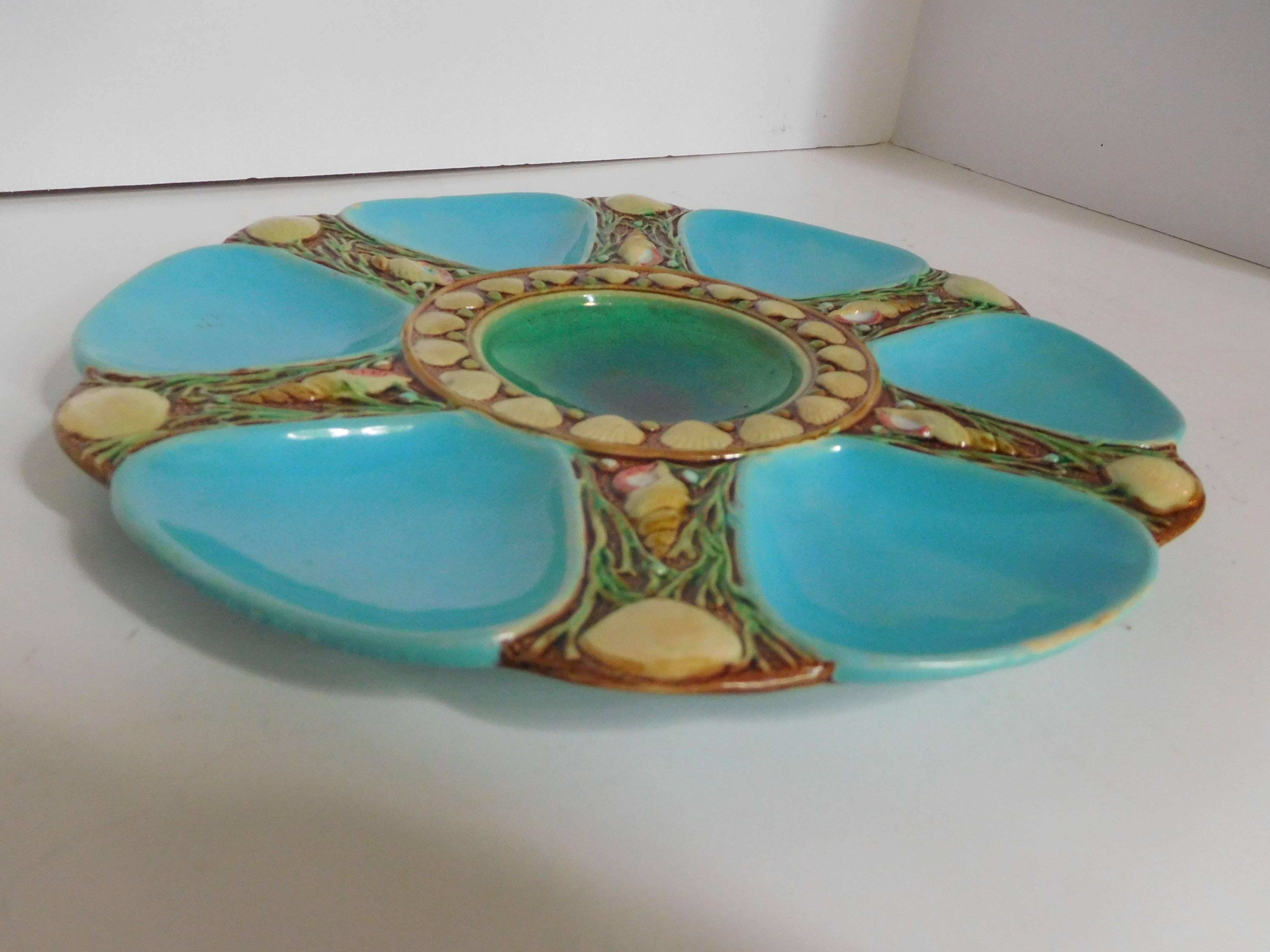English Minton Majolica Oyster Plate in Turquoise and Green, England, 1868