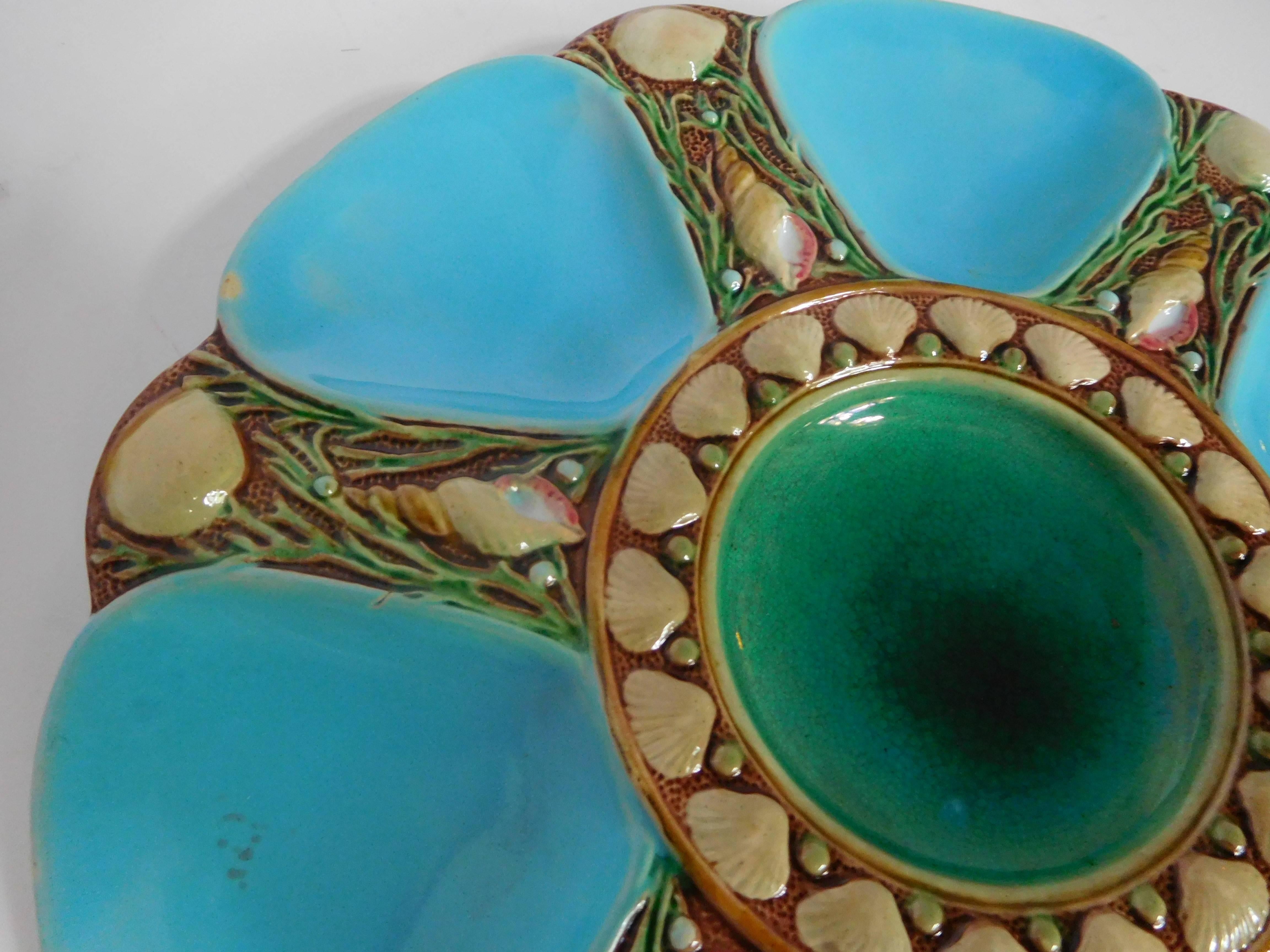 Mid-19th Century Minton Majolica Oyster Plate in Turquoise and Green, England, 1868