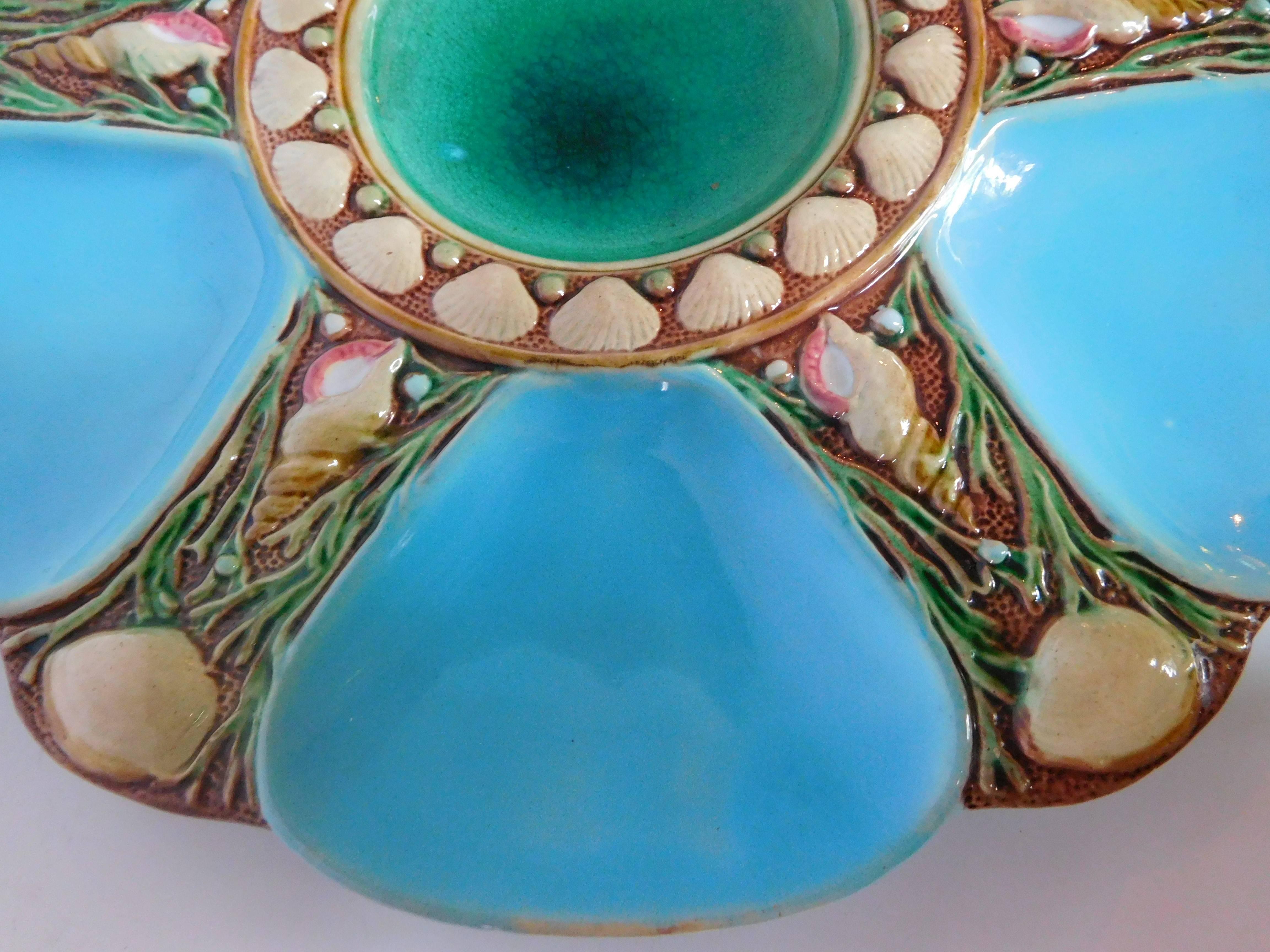 Ceramic Minton Majolica Oyster Plate in Turquoise and Green, England, 1868