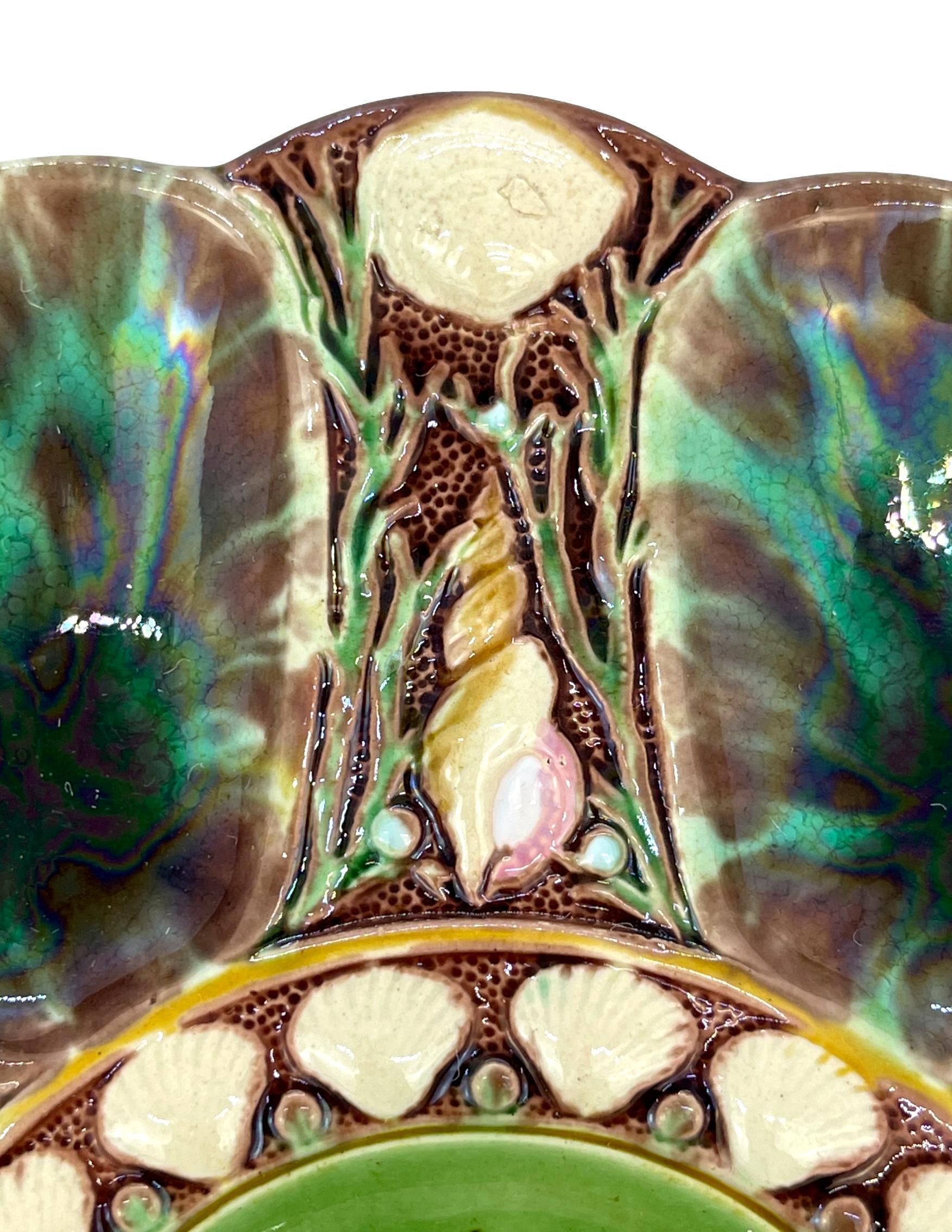 Molded Minton Majolica Oyster Plate, 'MOTTLED, ' Green and Brown, English, Dated 1871