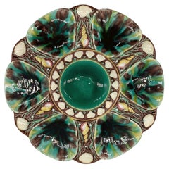 Minton Majolica Oyster Plate, Mottled Green, Brown, Yellow, English, Dated 1870