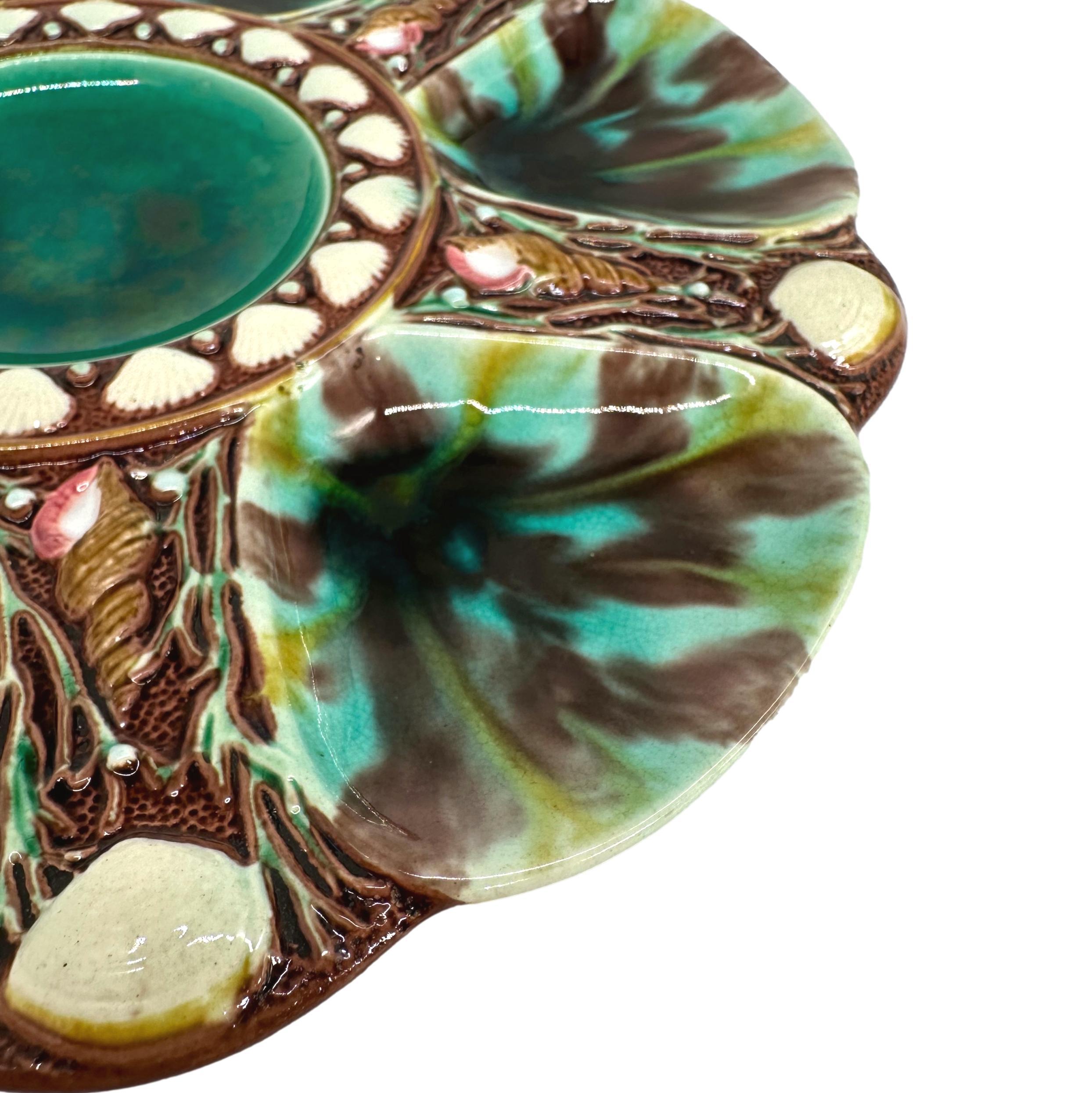 Minton Majolica Oyster Plate, Mottled Leopard Spots, English, Dated 1870 In Good Condition In Banner Elk, NC