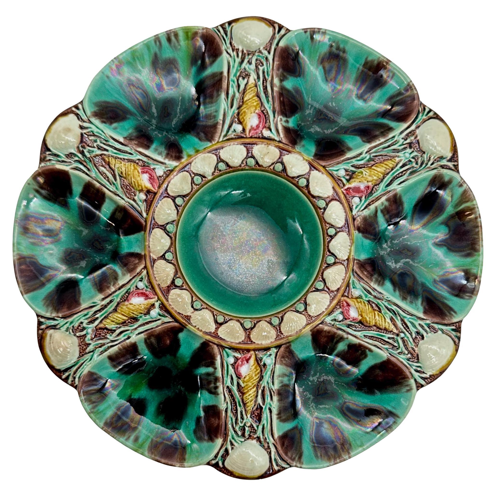 Minton Majolica Oyster Plate, Mottled Leopard Spots, English, Dated 1870 For Sale