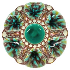 Assiette à huîtres en majolique de Minton, taches léopard tachetées, anglaise, datée de 1870