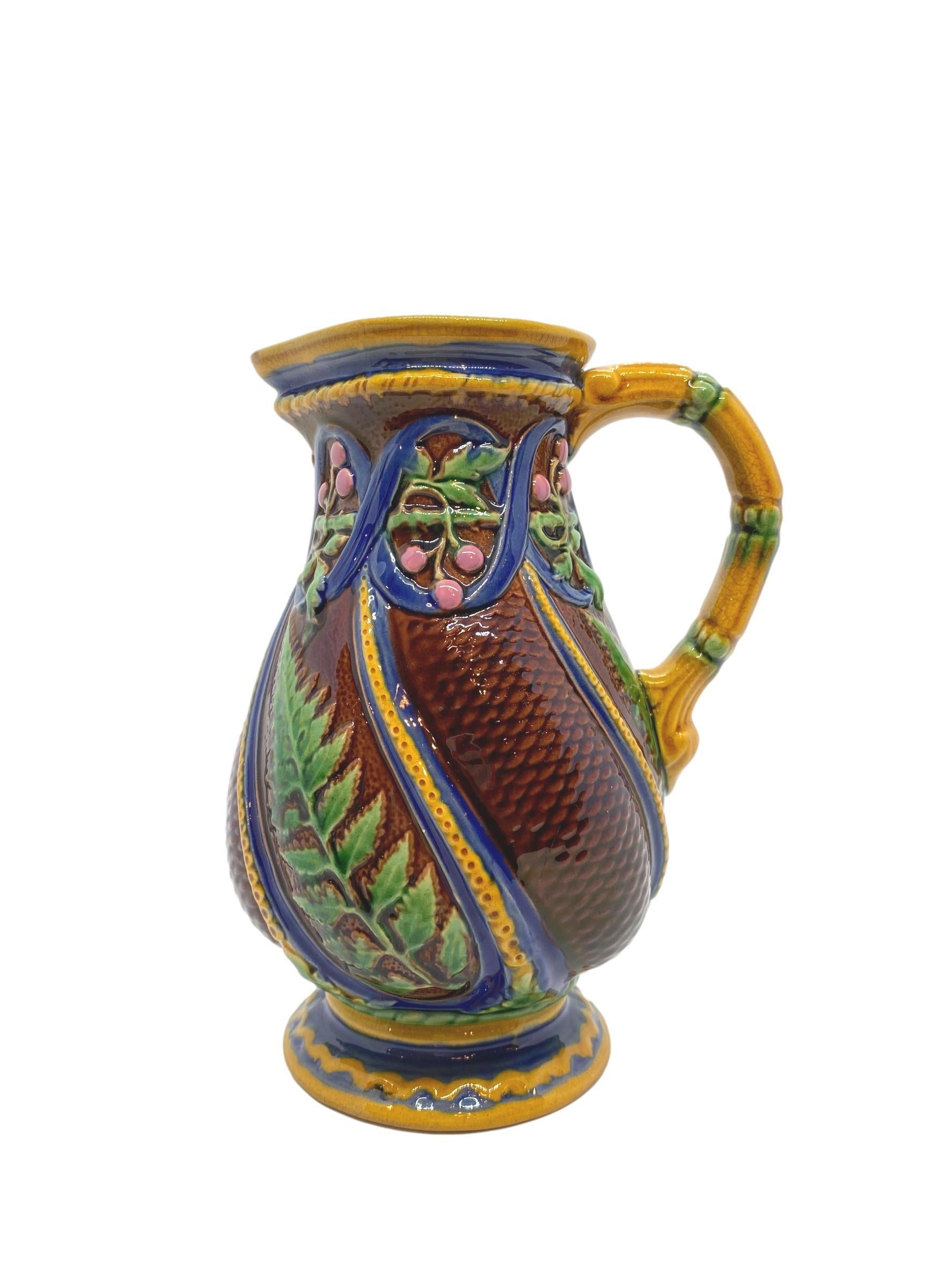 Victorian Minton Majolica Pitcher with Ferns and Pink Berries, English, Dated 1860