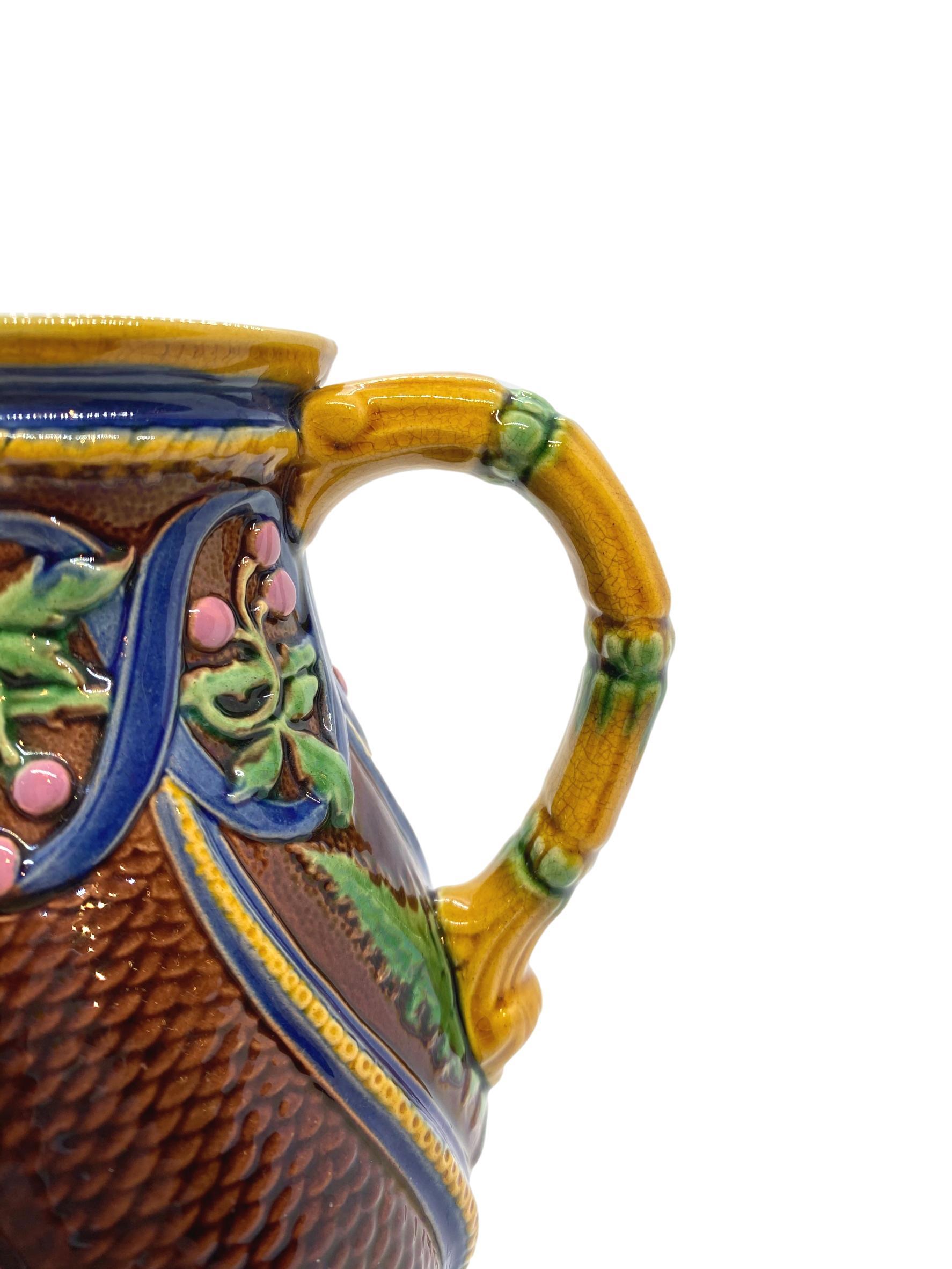 19th Century Minton Majolica Pitcher with Ferns and Pink Berries, English, Dated 1860
