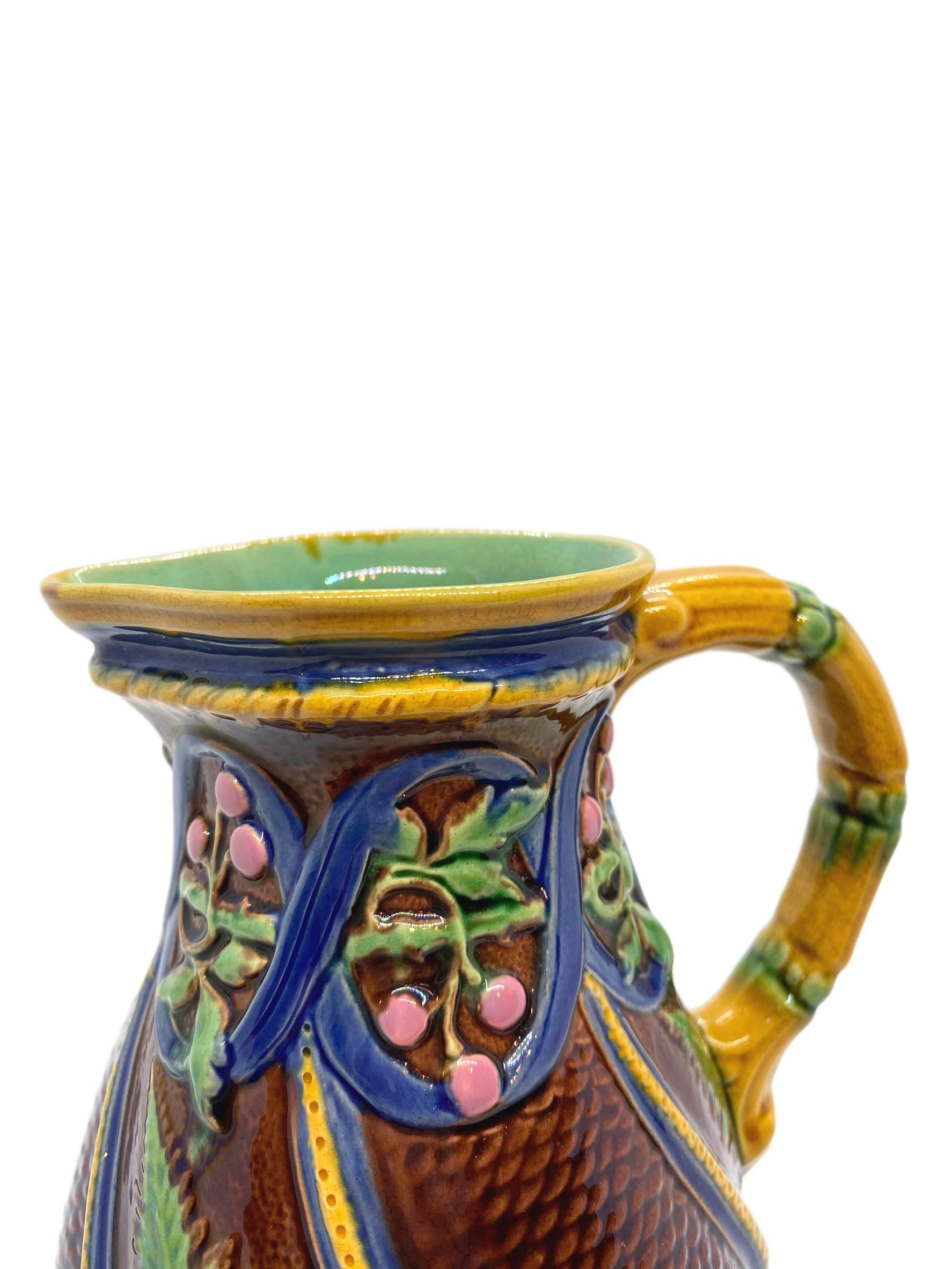 Minton Majolica Pitcher with Ferns and Pink Berries, English, Dated 1860 1