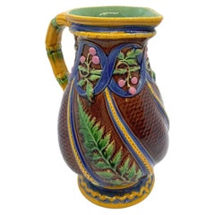 Minton Majolica Pitcher with Ferns and Pink Berries, English, Dated 1860
