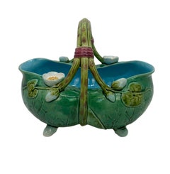 Minton Majolica Pond Lily Basket Glazed in Green, Turquoise Lined, English, 1870