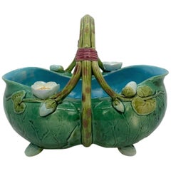 Minton Majolica Pond Lily Basket Glazed in Green, Turquoise Lined, English, 1870